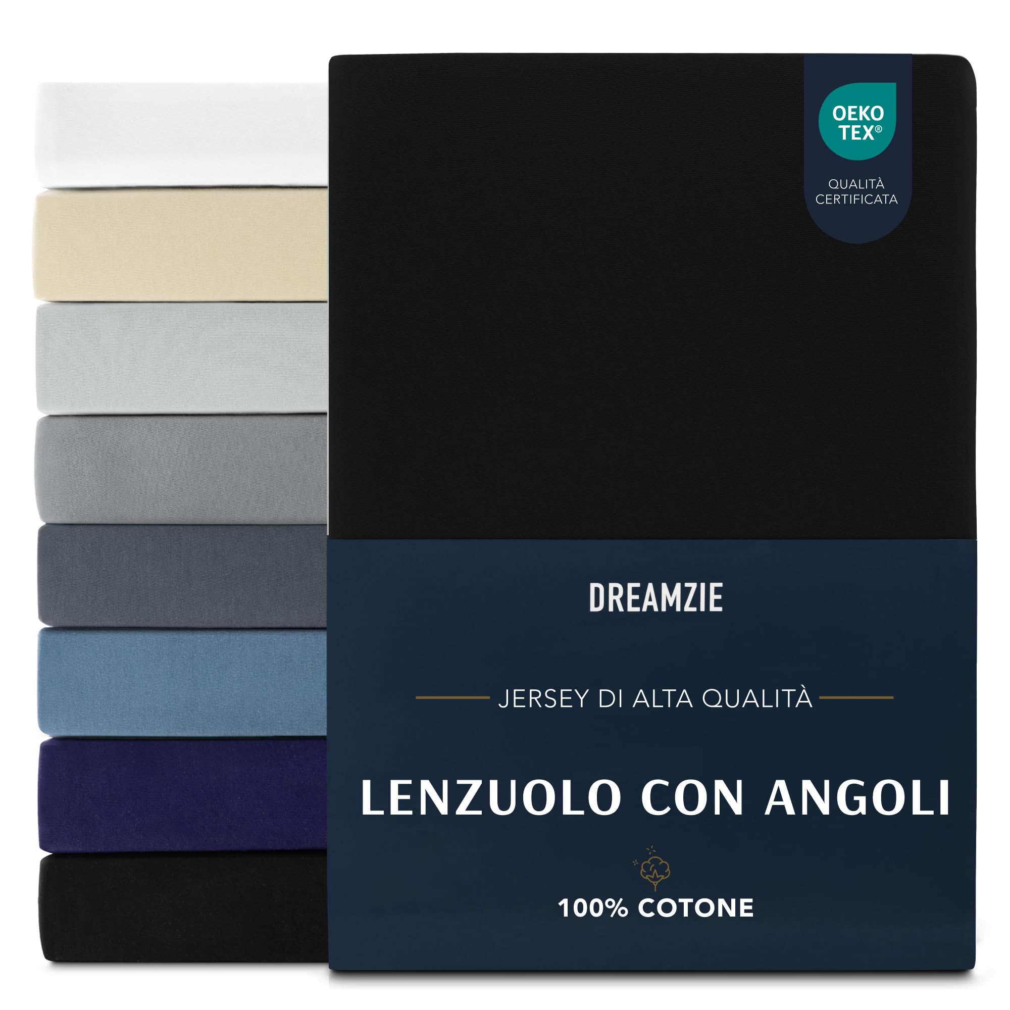 Dreamzie Lenzuola Matrimoniali Cotone 200x200 cm, Altezza Materasso fino a 27 cm - Coprimaterasso Matrimoniale - Nero - Certificato senza Prodotti Chimici (Oeko TEX)