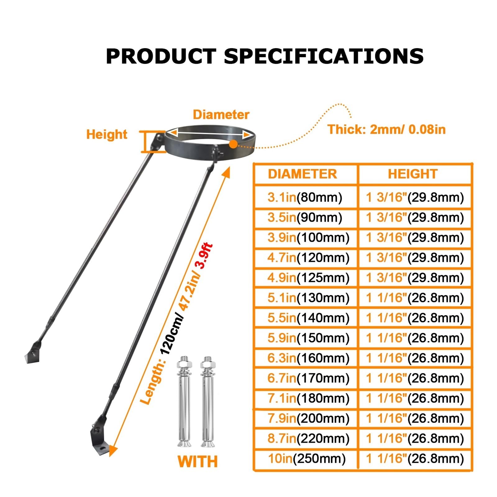 Soporte de tubo de chimenea for estabilidad contra el viento, soporte de pared universal extendido for estufas de leña en lofts o cabañas de troncos(Hoop Dia 10"(250mm))