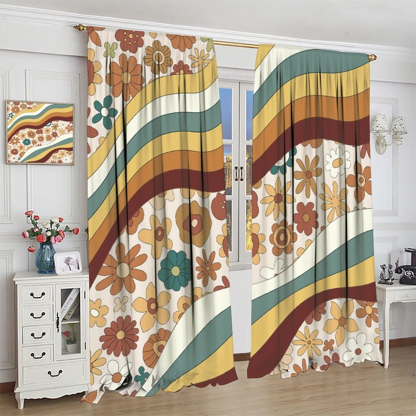 Cortina opaca floral retro Bobo, estilo abstracto de los años 70 y 80, diseño de flores de arco iris, para sala de estar, dormitorio, decoración del hogar, 63 x 63 pulgadas