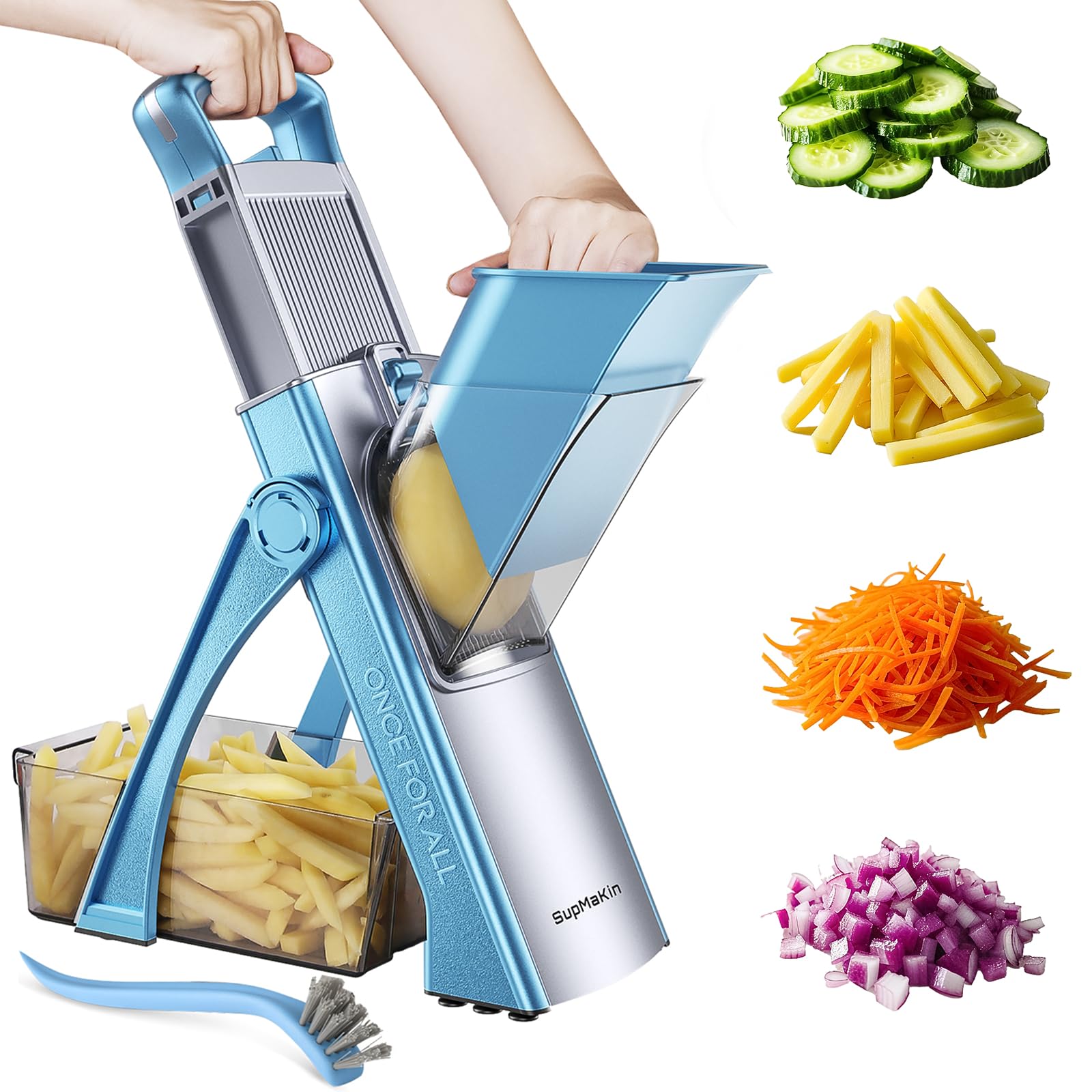 Supmakin Safe Mandoline Vegetable Slicer Adjustable Vegetable Chopper Mandolin Multifunction Potato Slicer with 4 Modes Dicer, Julienne Kitchen Chopping Artifact (SkyBlue)