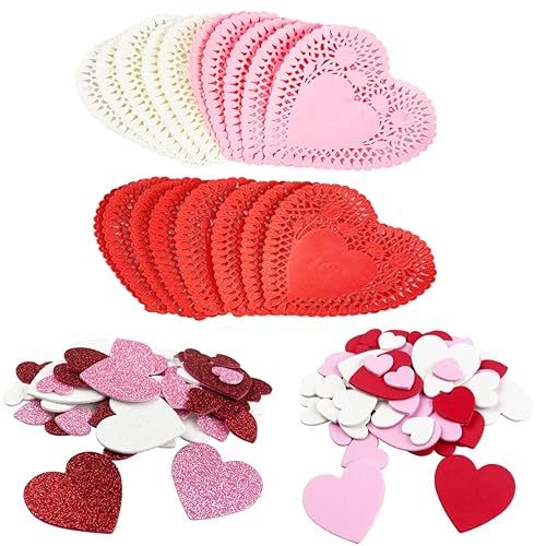QINGQIU Valentines Day Crafts Set with 100 Heart Doilies, 4