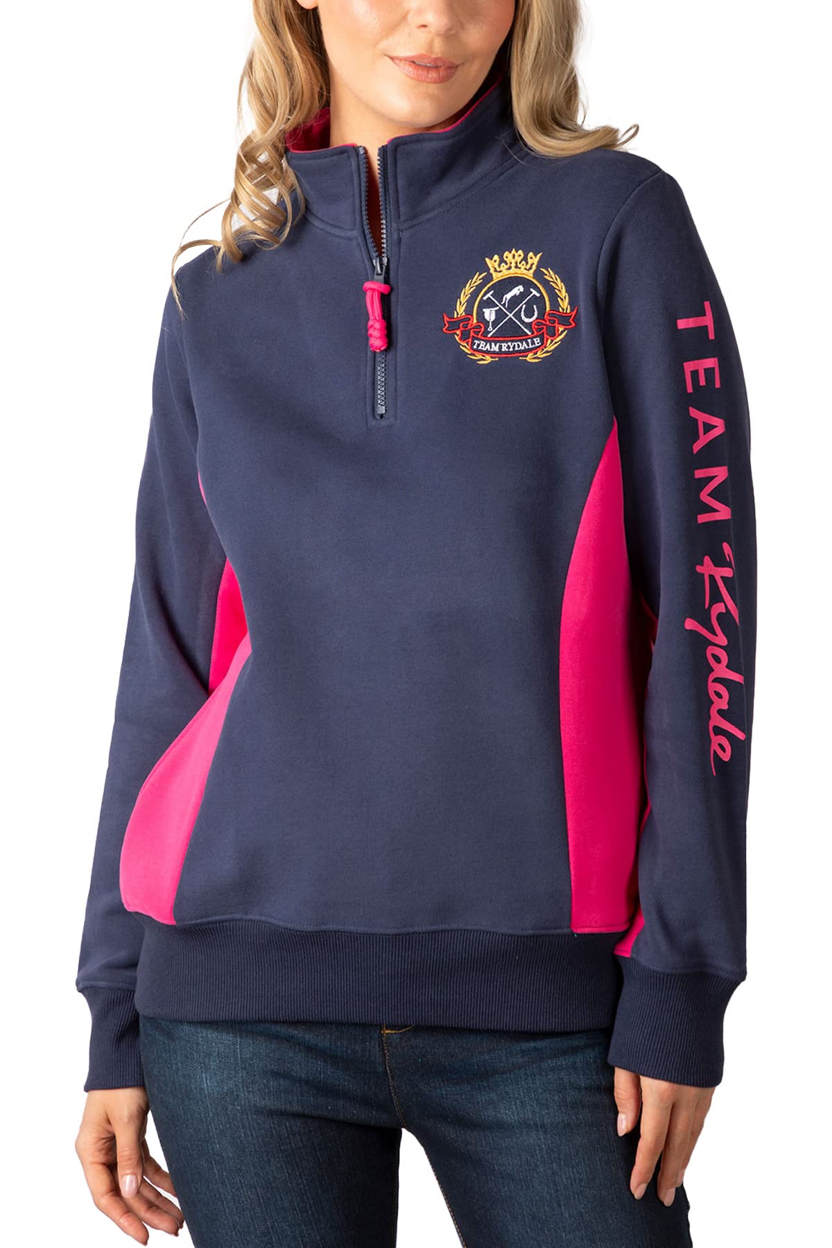 Rydale Ladies Overhead Sweatshirt Women's Sweatshirts Jumper Pull On Sweater Quarter Zip Top (as8, numeric, numeric_14, regular, regular, Muston Navy/Bonbon)