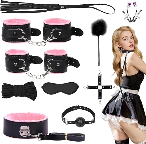 Miniatura 12 de Kit BDSM de 7 piezas para principiantes, juego de bondage negro para parejas con puños ajustables de muñeca y tobillo, cuello, vendaje de ojos,