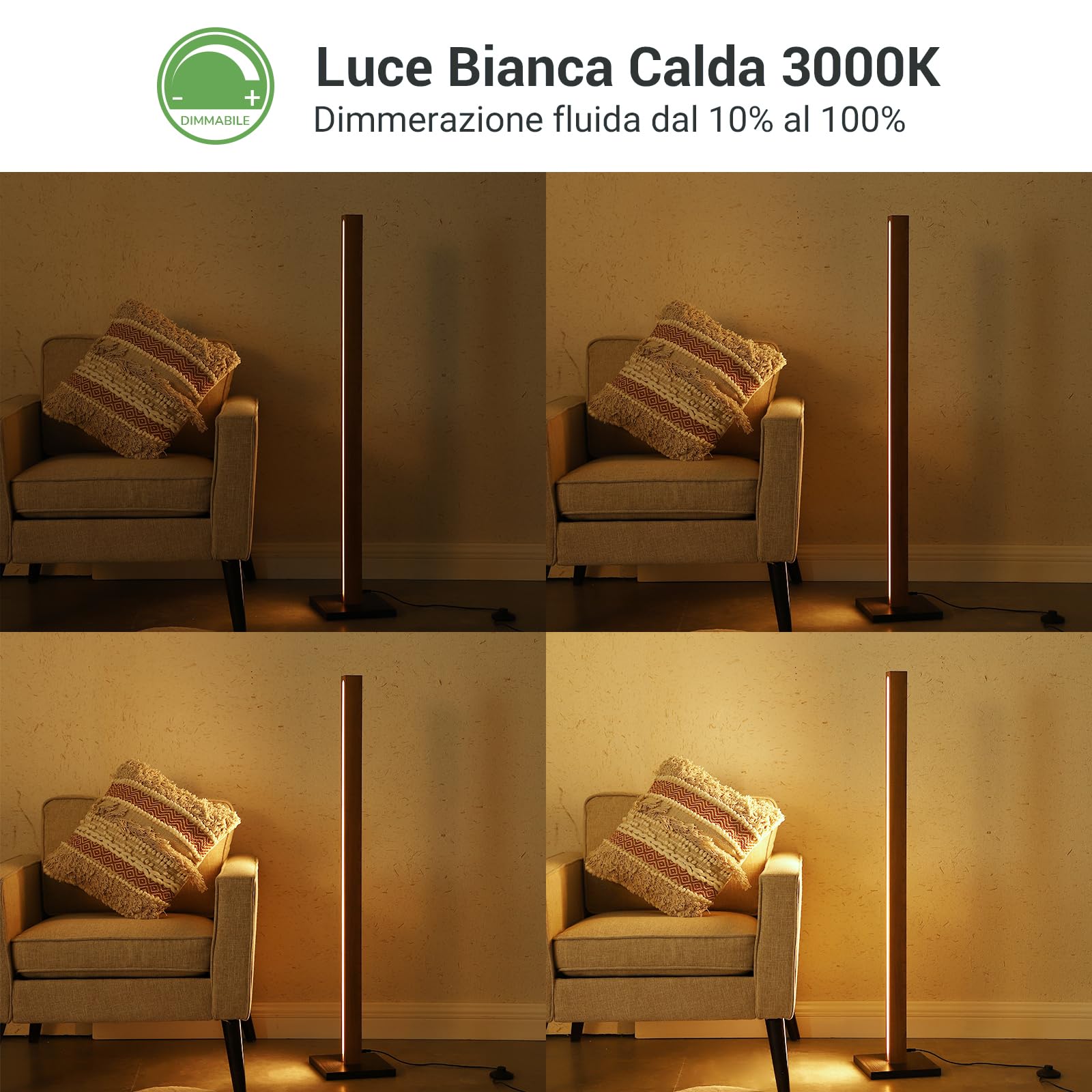 EDISHINE Lampada da Terra Legno, LED Lampada Piantana da Terra Dimmerabile, 800 LM 3000K Bianco Caldo, 18W per Ambienti, con Interruttore a Pedale e Funzione di Memoria per Soggiorno, Ufficio