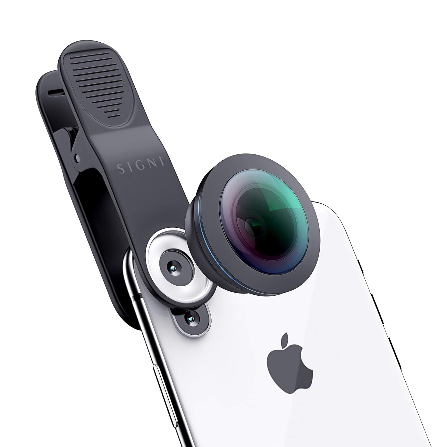 The SKYVIK SIGNI One fisheye lens and clip mounted on the back of a smartphone, centered over the camera.