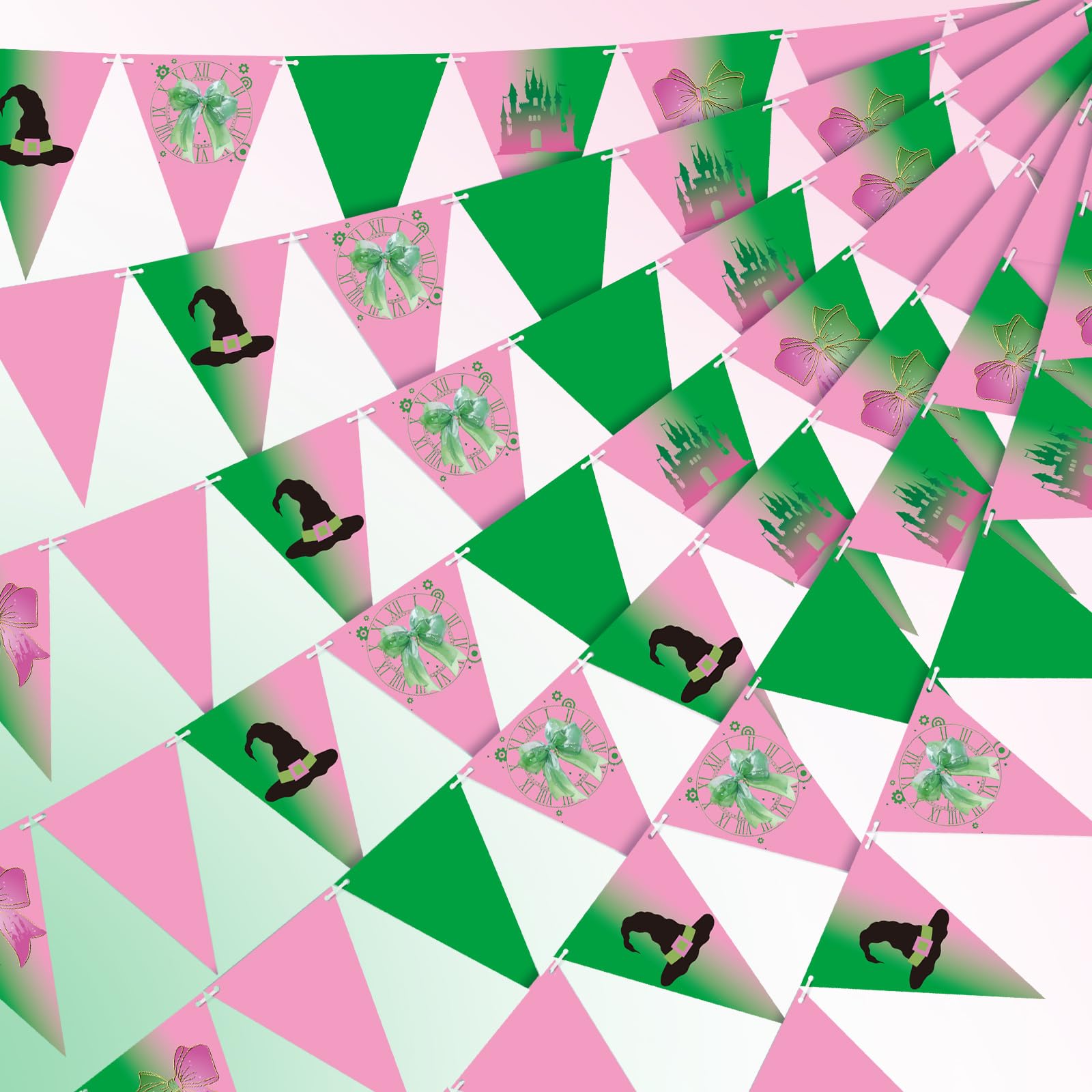 VitalCozy 5 Pieces Witch Theme Party Decorations Witch Party Banner Pink and Green Hanging Triangle Flag Banner for Pink and Green Birthday Supplies