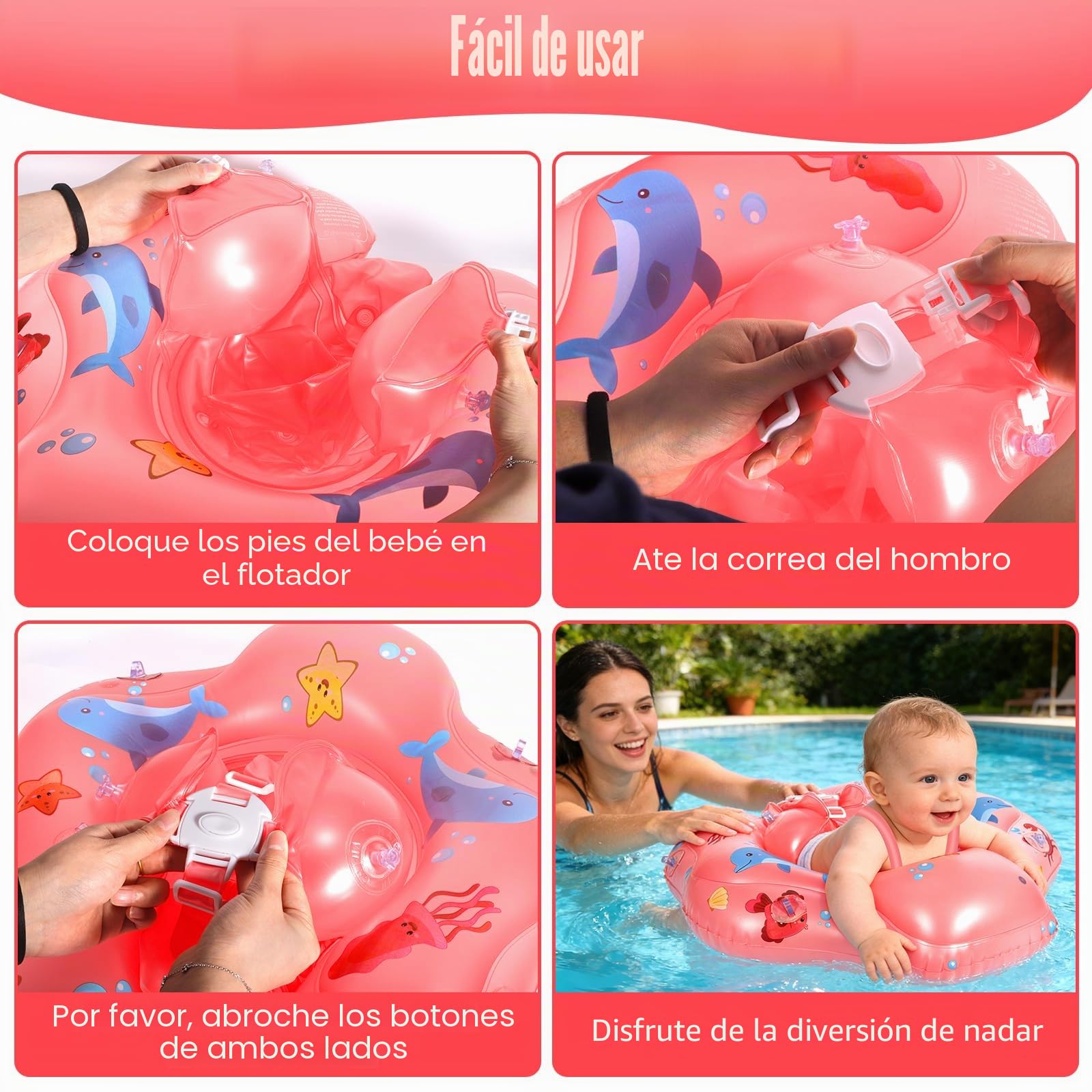 Flotador de Bebe Inflable para 3-36 Meses, Flotador Bebe con Sombrilla y Asiento de Seguridad, Banda de Natación para Bebés, Protección UV UPF 50+, Adecuado Bebe para 5-15 KG(Rosa)