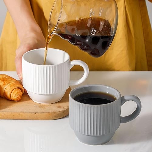 Miniatura 6 de Hasense Juego de tazas de café de cerámica blanca con soporte, tazas de café apilables de cerámica de 12 onzas, modernos juegos de tazas de café