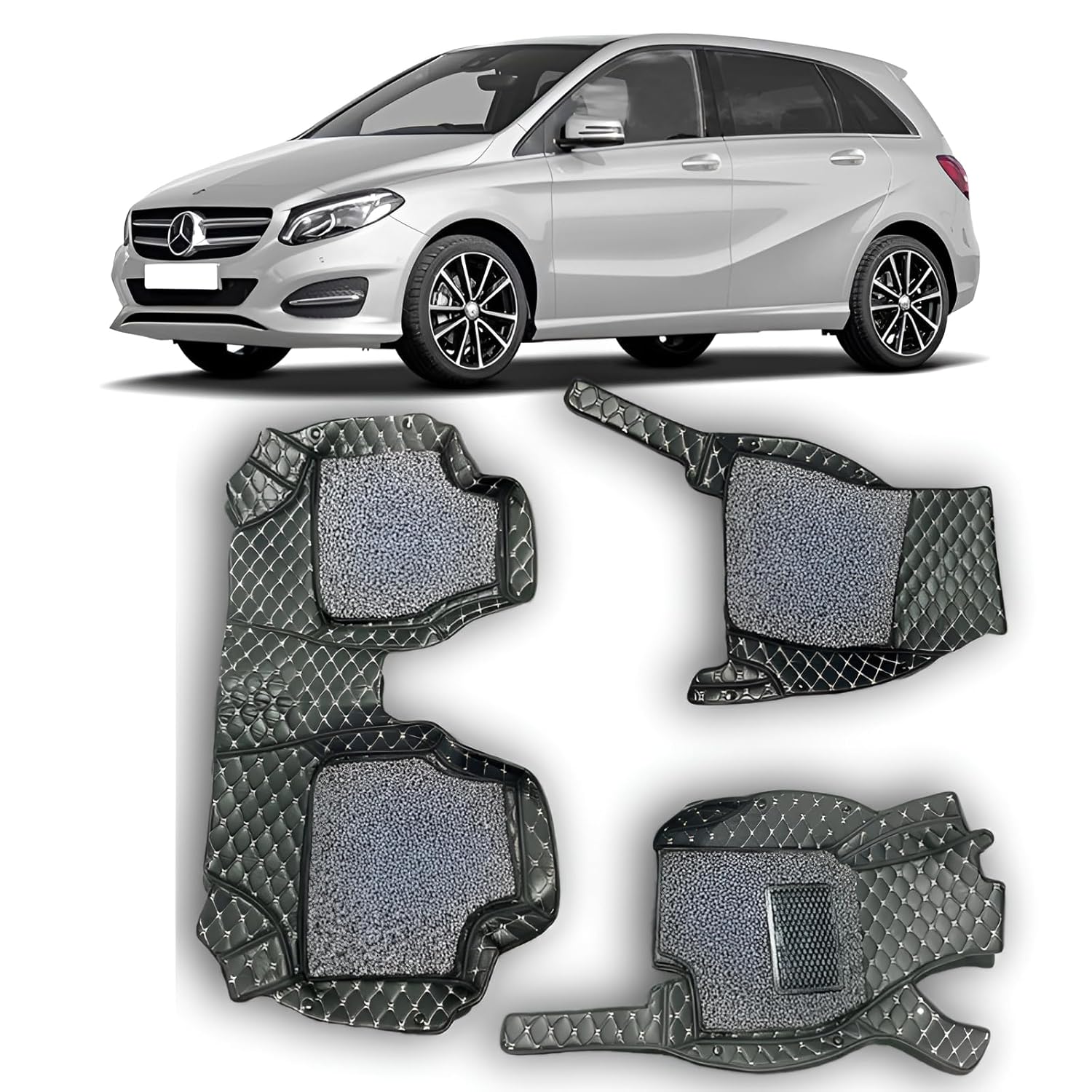 Premium 7D Car Floor Mats Compatible for Mercedes Benz B 180 ||Luxury Leather Double Layered Car Floor Mat||3Pcs||100% Waterproof and Washable||Color :-Black with Silver(Grey Grass)