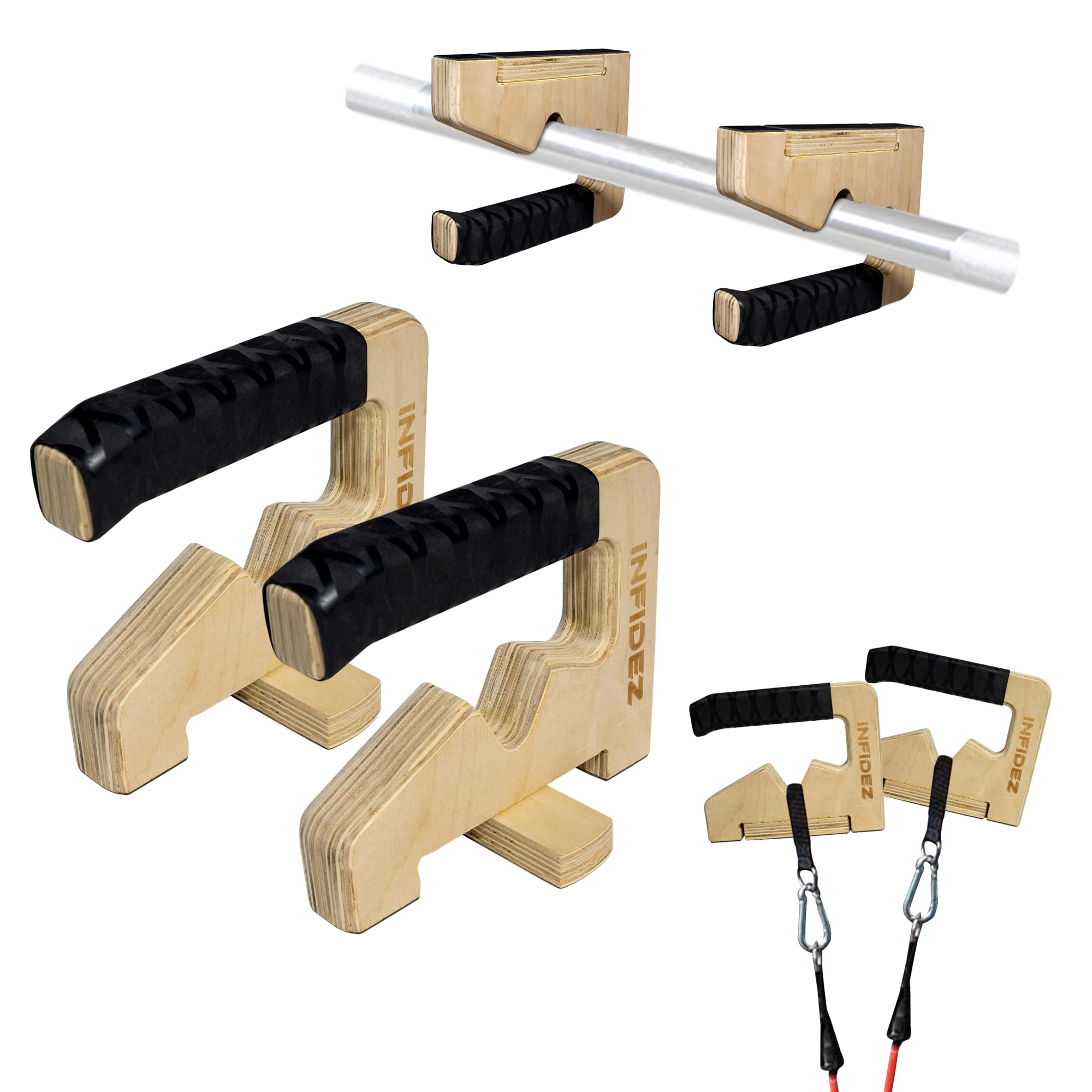 Photo 1 of 3-in-1 Wooden Pull Up and Push Up Handles, Resistance Band Handles, Non-slip Push Up Handles for Floor with Stable Base, Handstand Bars, Calisthenics Equipment for Indoor and Outdoor Workout Natural Wood