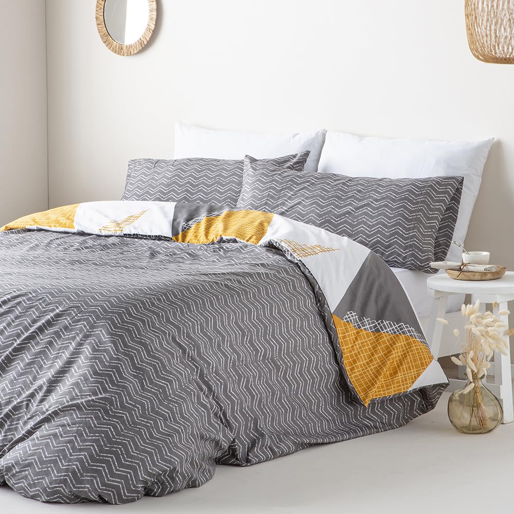 COTTON ARTean Funda Nórdica Cama 150 Reversible NALON Gris Y Mostaza Microfibra cepillada Funda edredón 240x220 + 2 fundas almohada Cierre Botones