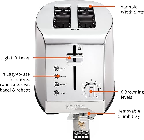 Miniatura 3 de KRUPS Tostadora de 2 rebanadas con 6 niveles de dorado y 4 funciones fáciles de usar, acero inoxidable, plata