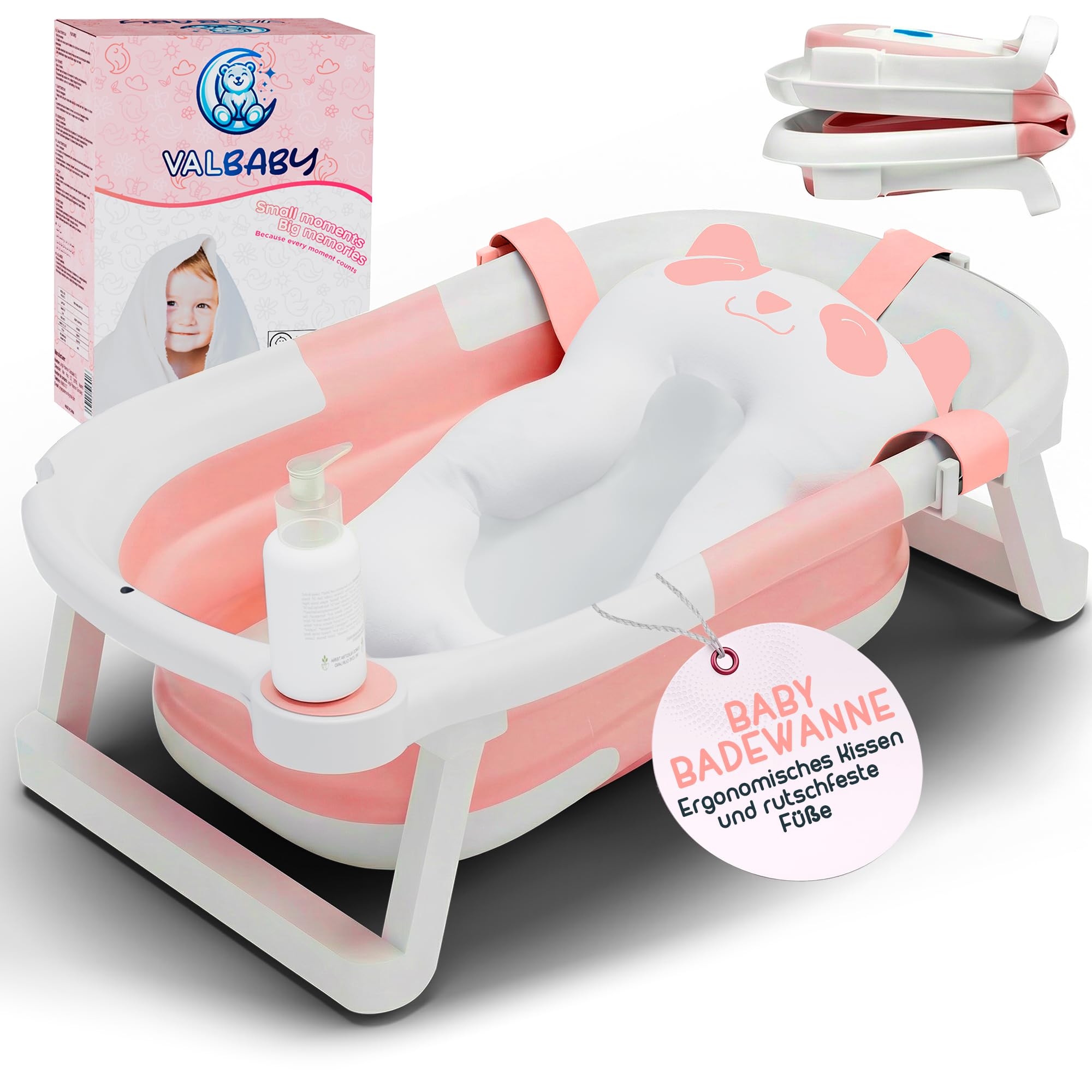 Baby Badewanne Faltbar Antirutsch Ergonomisch Neugeborene Bis 2 Jahre Rosa + Panda Kissen Groß und gepolstert Faltbare Babybadewanne Babywanne Tragbare Wanne Leicht Zu Reinigen BathTub Bath VALBABY