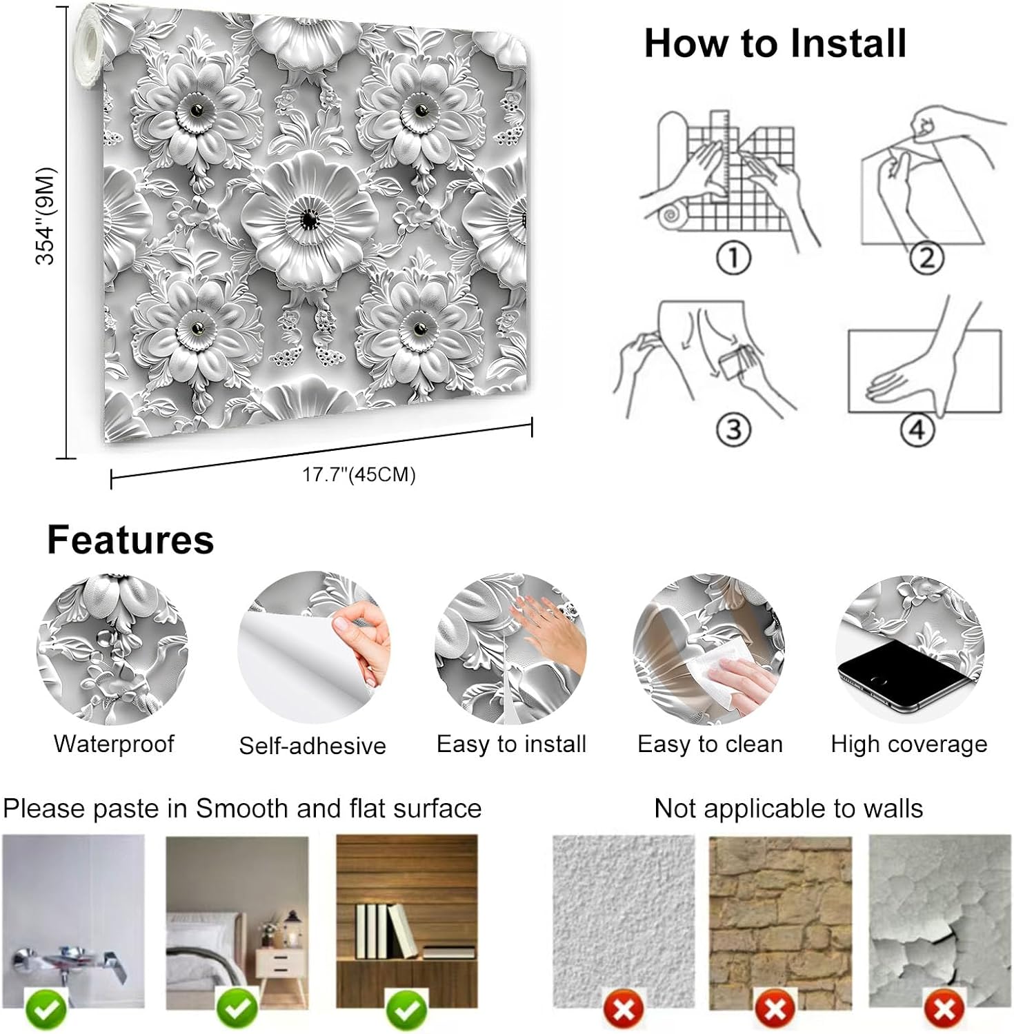 Grey White Floral Peel and Stick Wallpaper Modern Removable Self Adhesive Vinyl Contact Wall Paper with Printed 3D Visual Effect Flowers for Bedroom Bathroom Living Room 17.7" X 354"