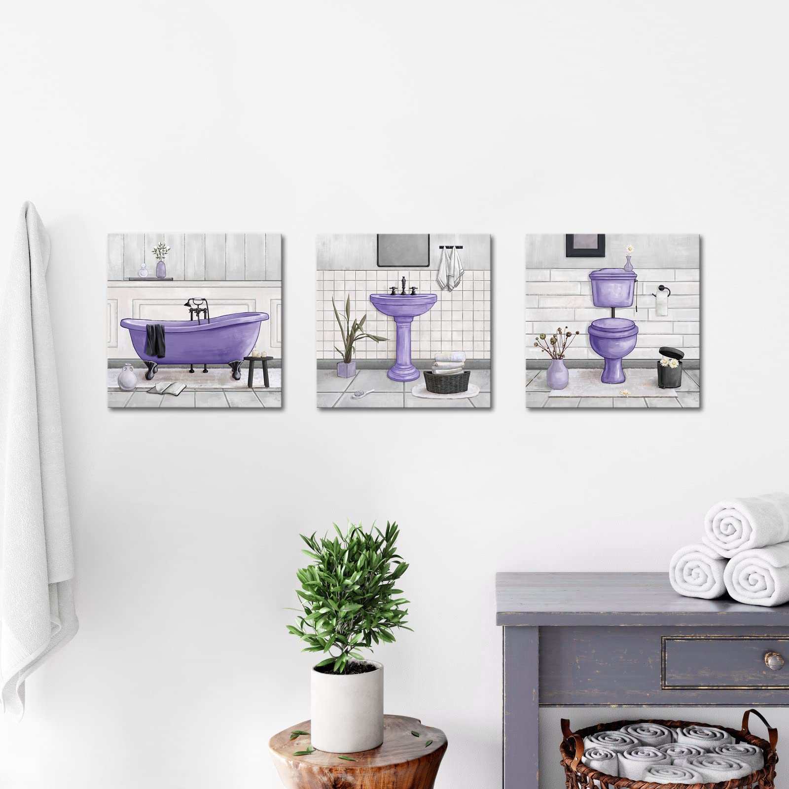 HOMEOART Vasca da bagno da parete per bagno, decorazione da parete con cornice, pronta da appendere, 30 x 30 cm x 3 cm, viola