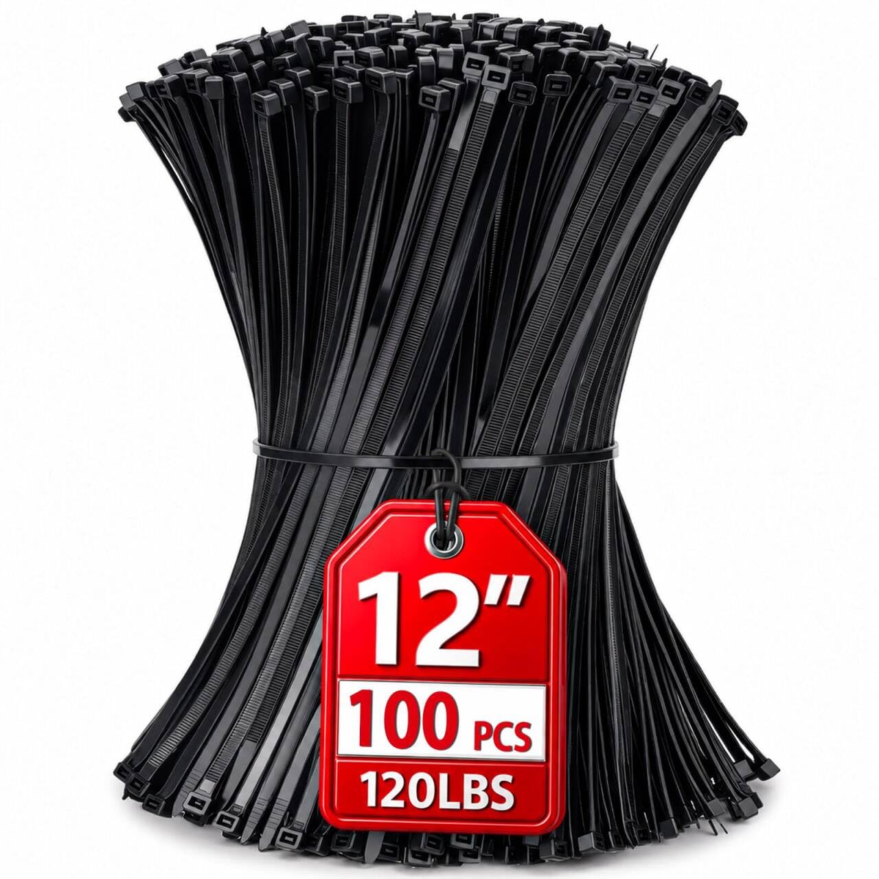 Zip Ties 12 inch, 100 Pack Heavy Duty Black Zip Ties with 120 lbs Tensile Strength, Self-Locking Nylon Cable Ties,Wire Ties for indoor and outdoor use.