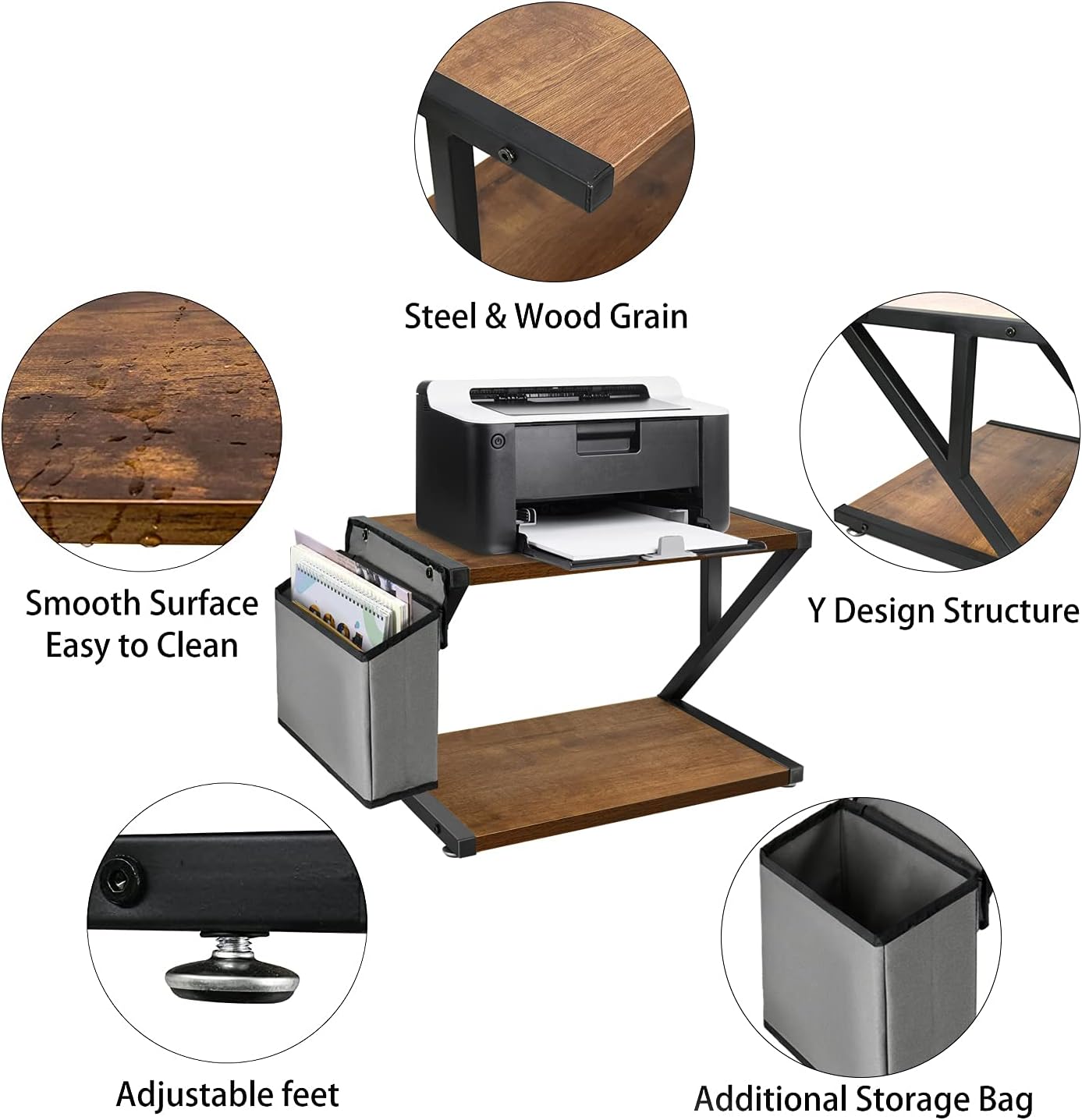 Desktop Printer Stand with Storage Bag, 2 Tier Desktop Printer Shelf, Rustic Wood Printer Table with Adjustable Anti-Skid Pads, Home Desktop Printer Stands, Under Desk Printer Shelf for Fax Machine
