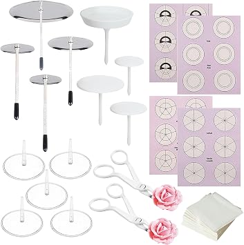 Woohome 17 PCS Flower Nails Cake Decorating Supplies يشمل 4 حجم Cake Flower Nail و 9 PCS Plastic Cake Flower Nail ، Flower Lifters ، Cake Flower Scale Sticker for Icing Flowers Decoration