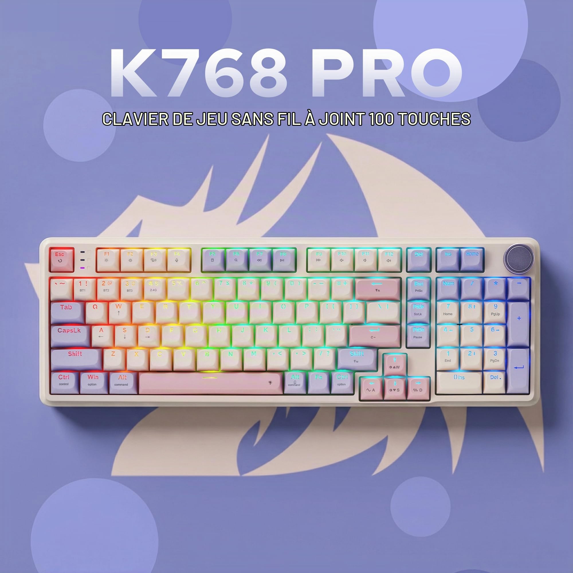 Redragon K768 Pro Clavier sans Fil RVB 100 Touches 8000mAh | Clavier sans fil RVB 100 touches grosse batterie 8000mAh PBT hot swap bouton controle 5 couches amortissement pour jeu