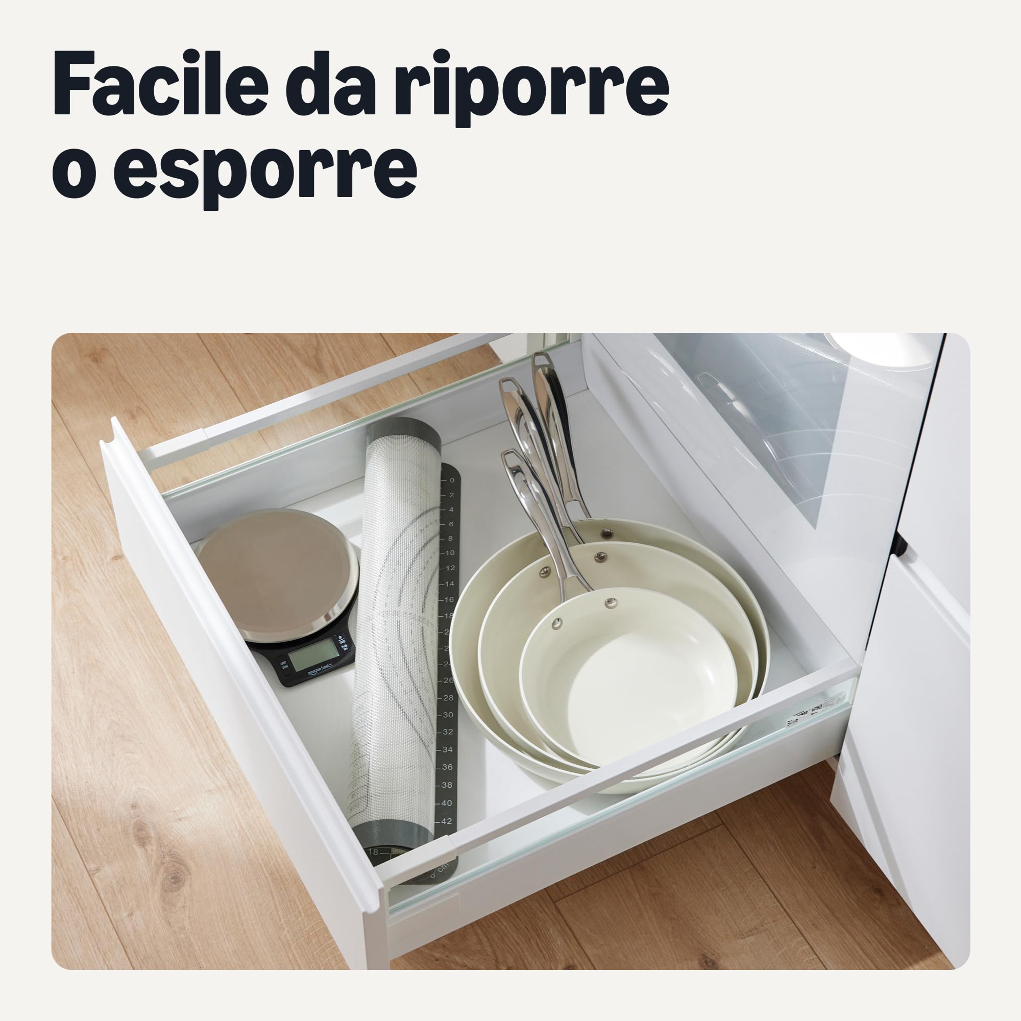 Amazon Basics Padelle Antiaderenti in Ceramica, Set di 3 Pezzi, Adatte a Tutti i Piani Cottura, Lavabili in Lavastoviglie, Avorio