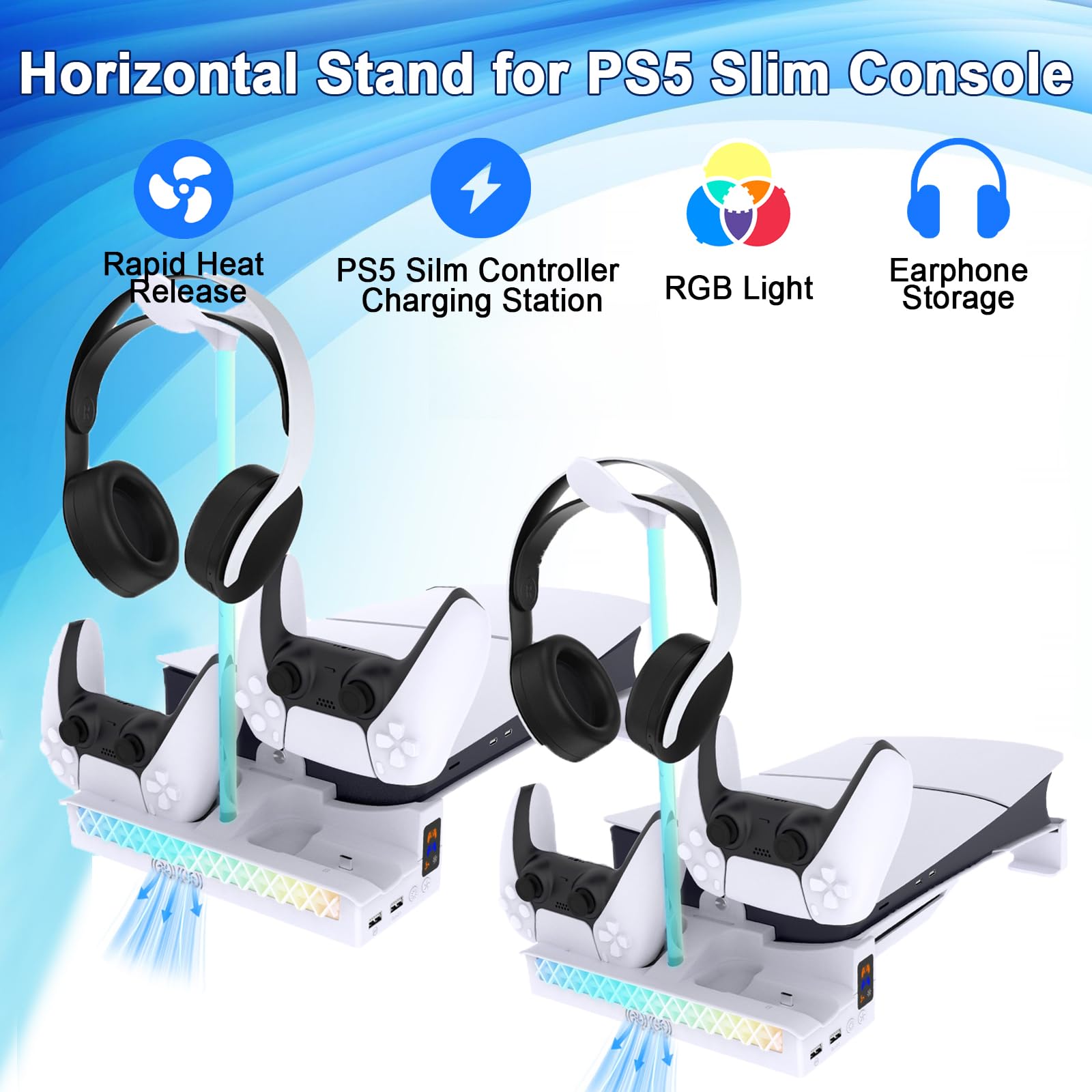 Supporto orizzontale sottile per PS5 Pro/PS5, staffa di raffreddamento con luci RGB e caricatore doppio controller