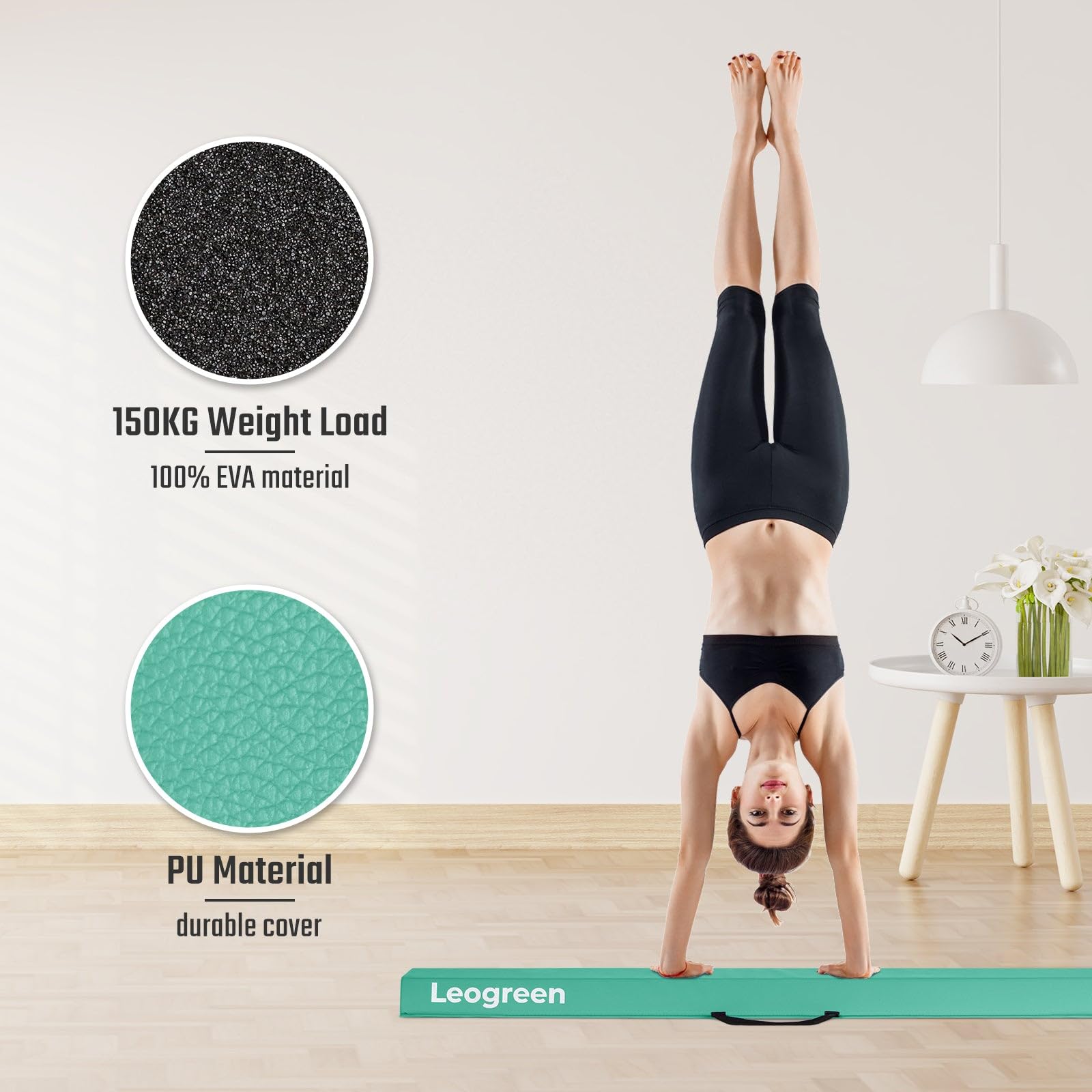 Leogreen Barra de Equilibrio PU Cuero Plegable 270cm, Barra de Gimnasia Artistica para Niños Adultos, Viga de Equilibrio con Bolsa de Transporte y Base Antideslizante Verde