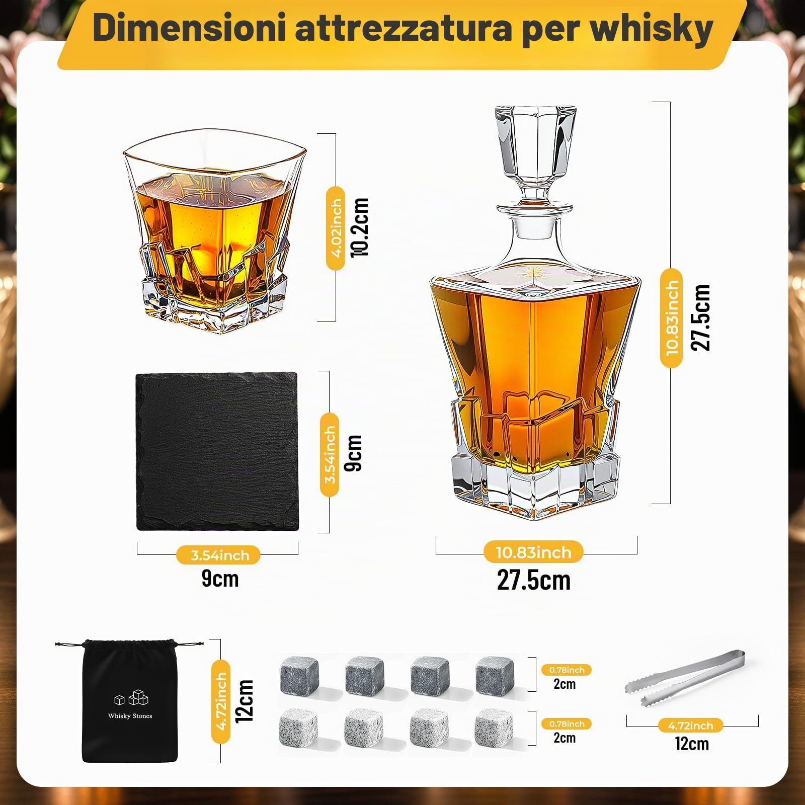 Set Whisky Regalo, 800ML Decanter per Whisky, 2 Bicchieri da Whisky, 8 Pietre di Whisky, Bicchieri e Bottiglie da Whisky per Bourbon Scotch Cognac Martini, Scatola Regalo