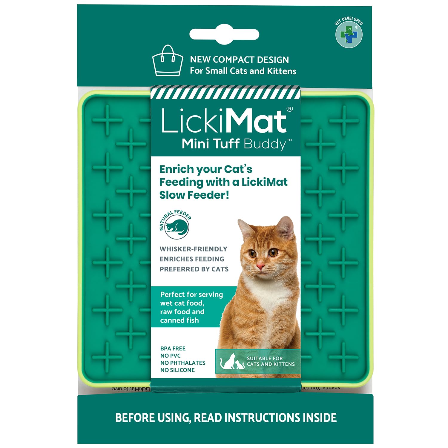 LickiMat Mini Tuff Buddy Cat Food Mat, Cat Slow Feeder for Boredom & Anxiety Relief for Cats, Perfect for Food, Treats, Yoghurt & Peanut Butter, Fun Alternative to a Slow Feeding Bowl, Green