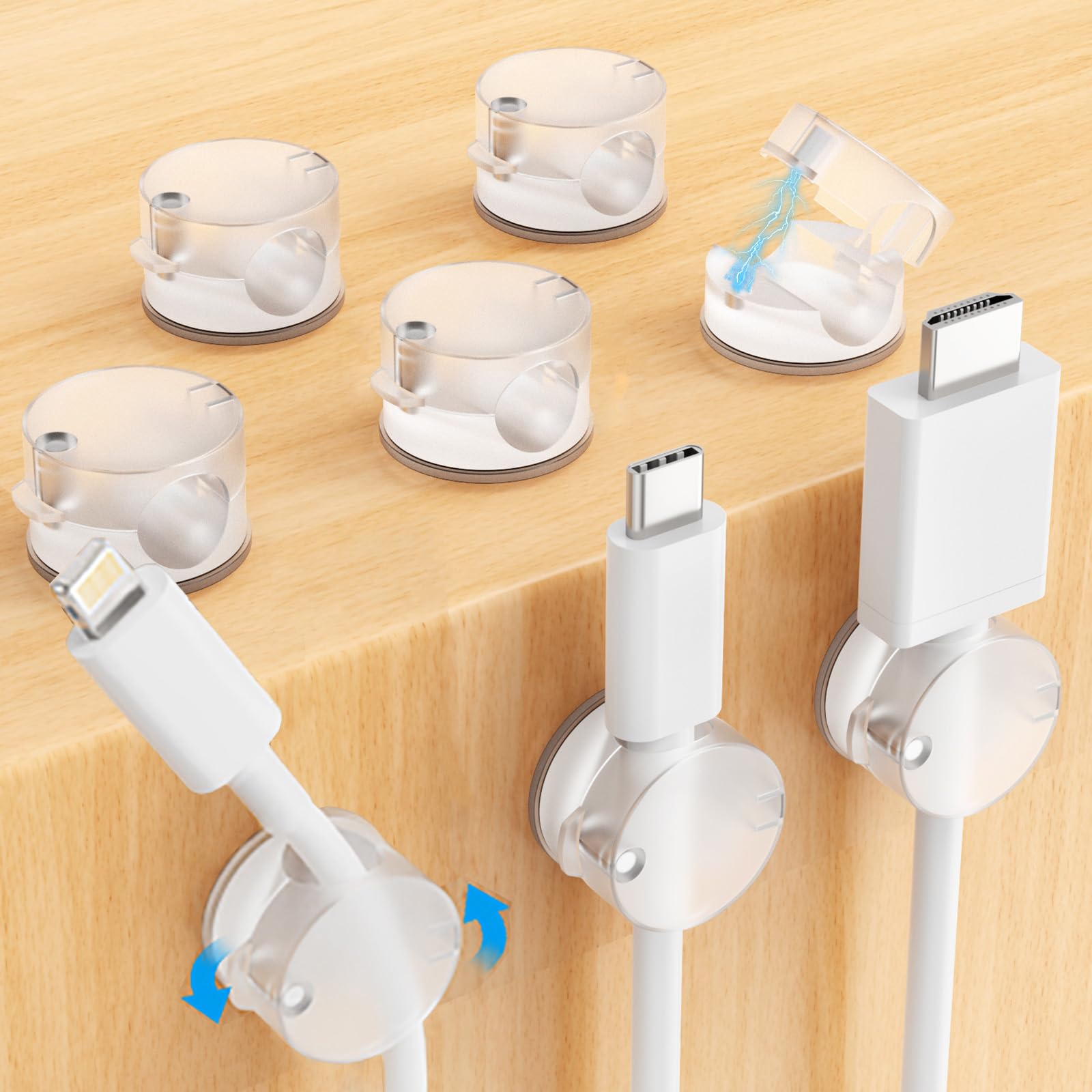 AGPTEK 8 Pack Magnetic Cable Clips, Upgraded 360° Rotatable Cord Holder Clips for Nightstand, Desk Cord Organizer Adhesive Wire Management Home Office Phone Charging Cords USB Cable Keeper (Clear)