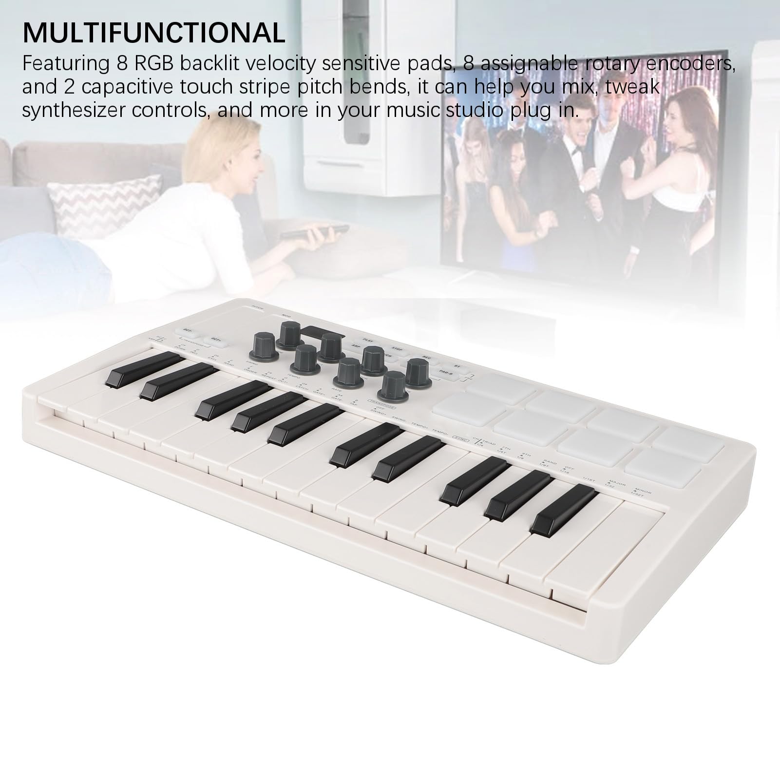 POENVFPO Controlador de Teclado MIDI Compacto con 25 Almohadillas de Tambor Mini -tanque y 8 Retroiluminadas, Ideal para Crear Música en Studio, Hotel BT, Conexión con Cable