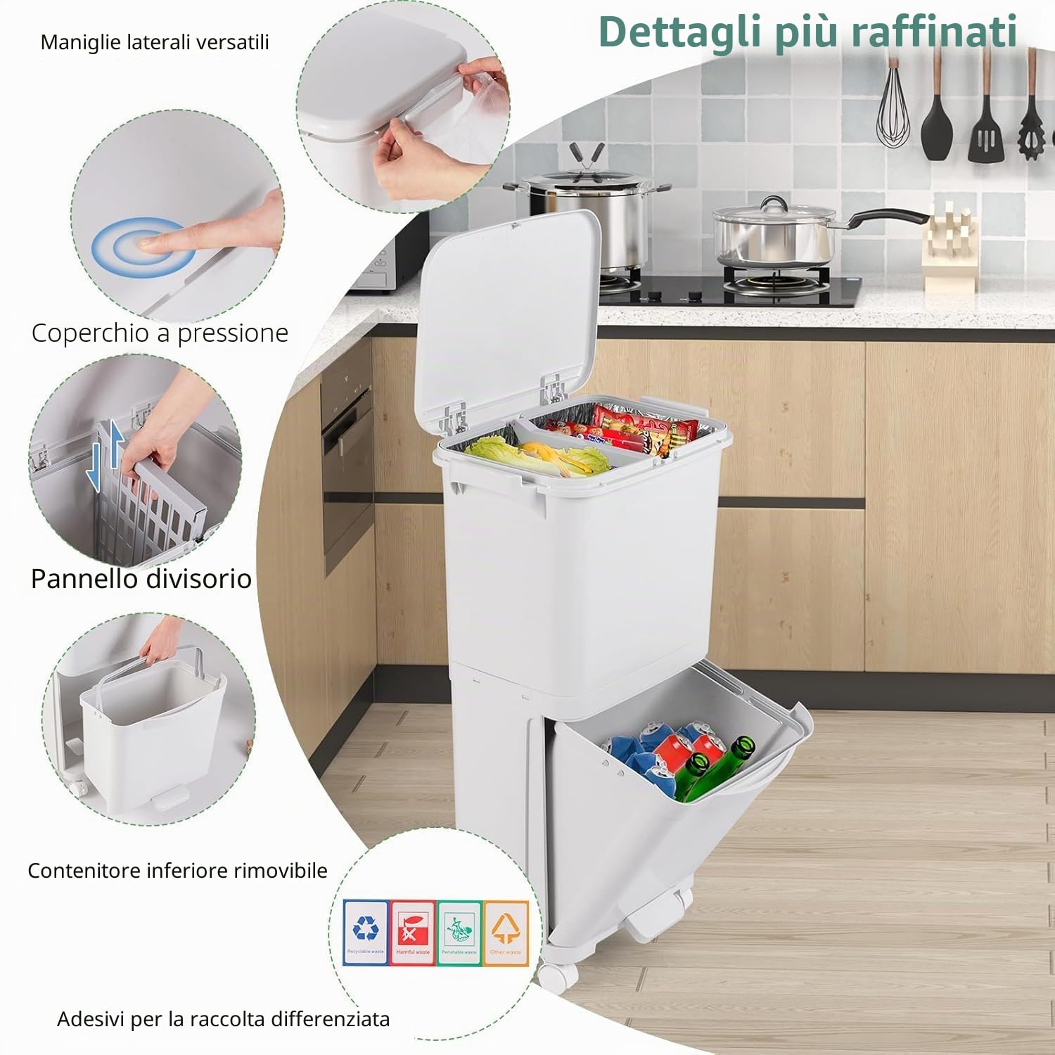 LIFEZEAL Pattumiera Differenziata a 3 Scomparti, Stretto, Coperchio a Pressione, Pedale, 4 Ruote, 2 Maniglie, Cestino Spazzatura Rimovibile, Bidoni Interno, Secchio Rifiuti, Cucina (Bianco, 40 L)