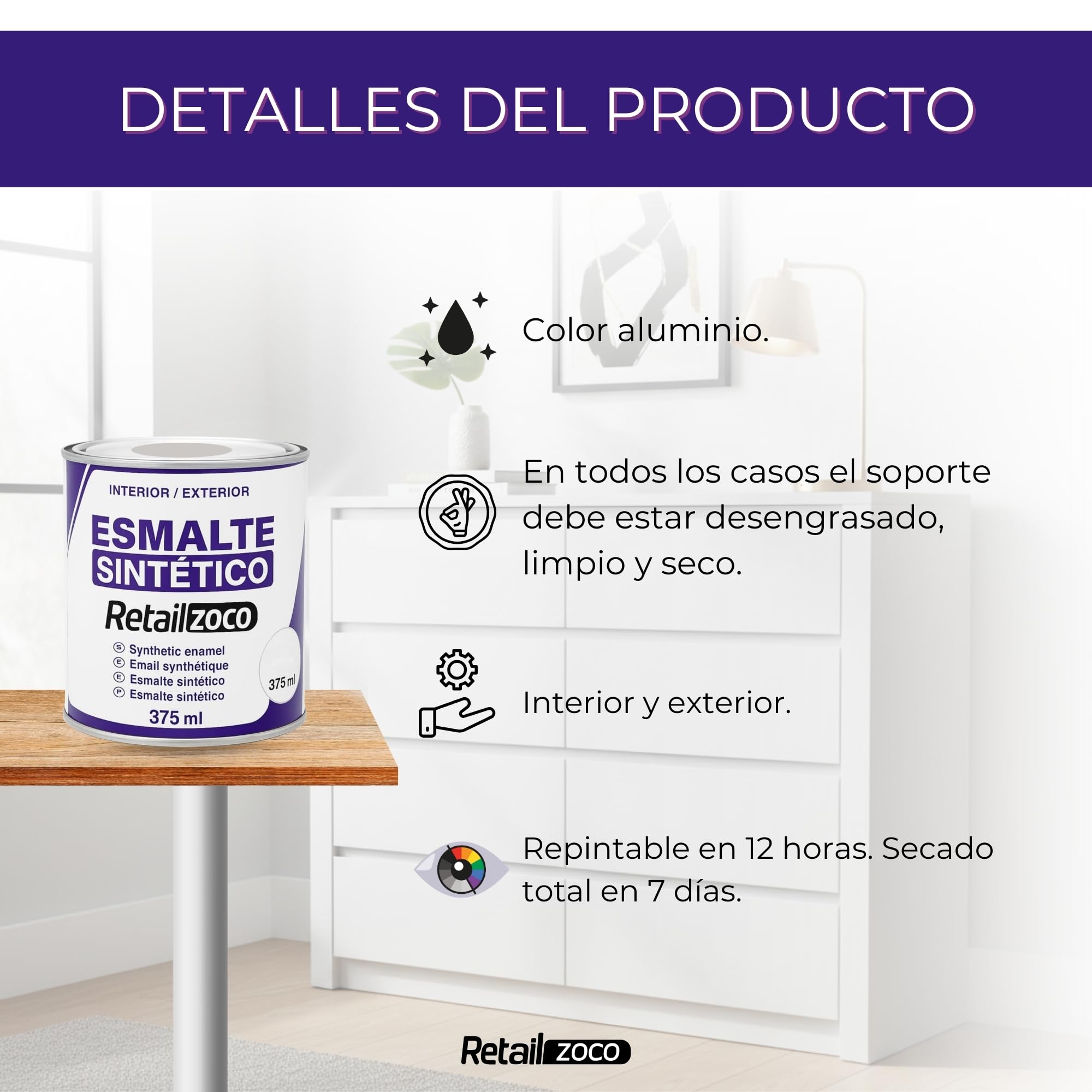 Esmalte Sintético, Pintura Esmalte, synthetic enamel, Uso en maderas y metales, Apto para interior/Exterior, Contiene 375 ml, Color Aluminio - imagen 3
