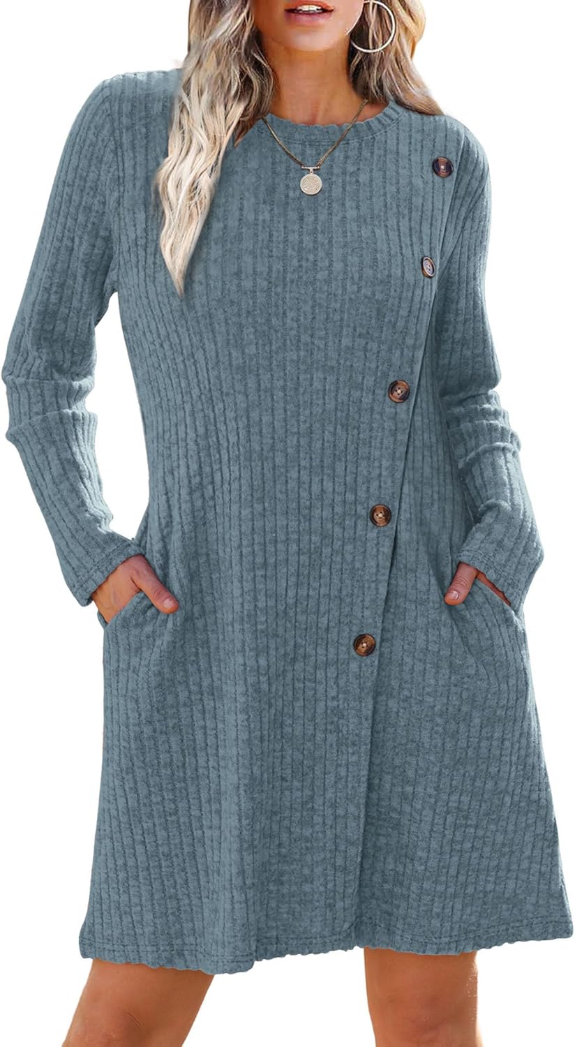 Saloogoe Long Sleeve Dress for Women Tunic Sweater Dresses with Pockets Fashion 2024 Buttons Side