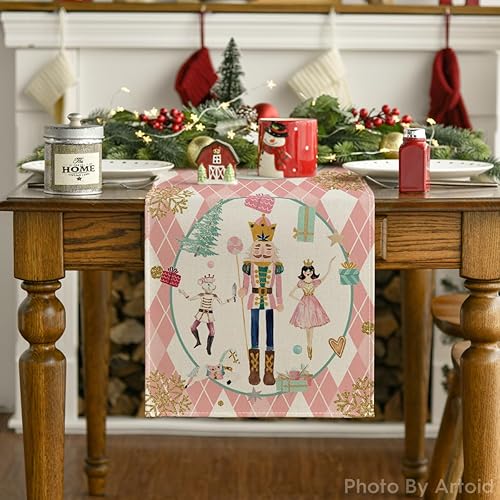 Miniatura 7 de Artoid Mode Camino de mesa de Navidad con diseño de cascanueces y copos de nieve de diamantes rosados, decoración de mesa de comedor de cocina de