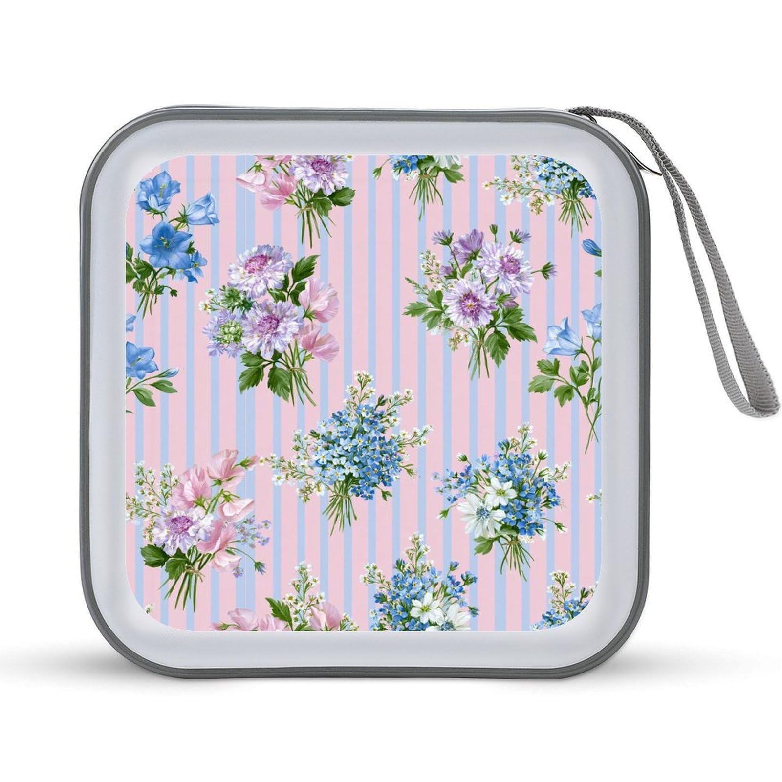 Jubonexis Watercolor Wildflower Bouquets Blue Stripes CD Case DVD Storage Case Portable for Car Home Travel