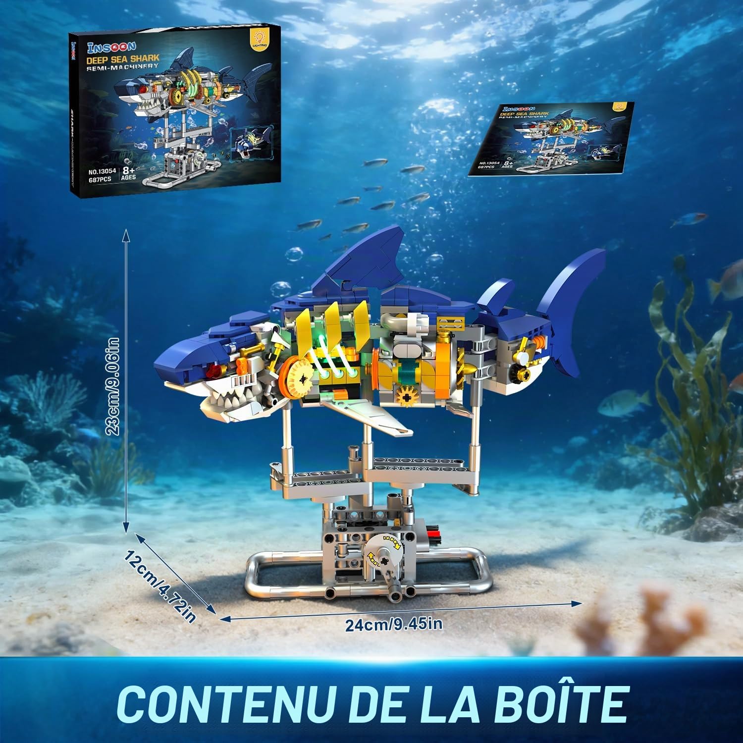 INSOON Ensemble de Construction mécanique en Forme de Requin avec lumière, 687 pièces d'animaux de l'océan Mobiles avec Support de présentation, Jouet de décoration d'intérieur pour Adultes