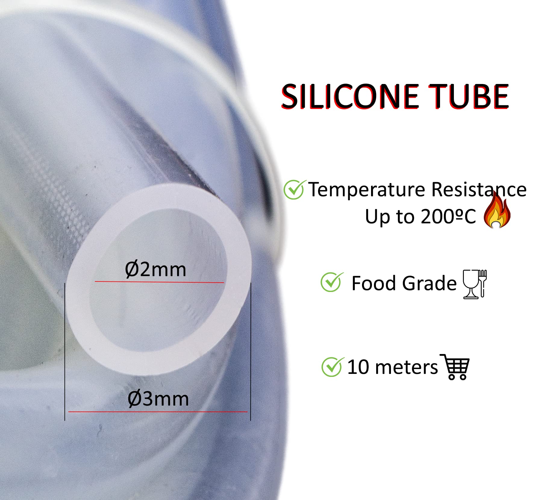 Tubo transparente flexible de silicona 2mm (ID) x 3mm (OD), modelo de 10 mètres, ideal para líquidos y alimentos, tubo transparente resistente a temperaturas altas, tubo silicona duradero y seguro.
