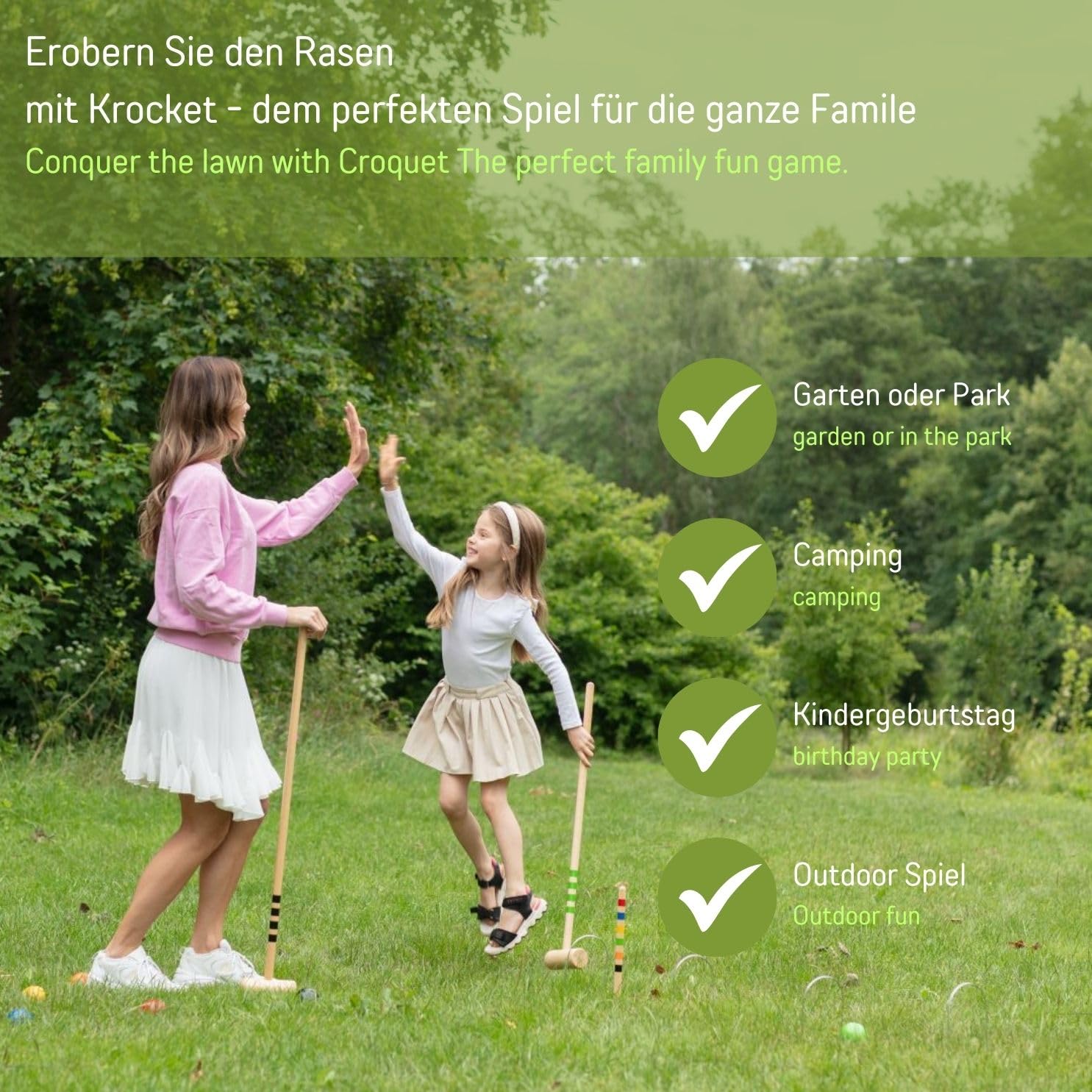 GICO Jeu de Croquet en Chariot en Bois - Plein air - 4 Joueurs - Maillets 80 cm