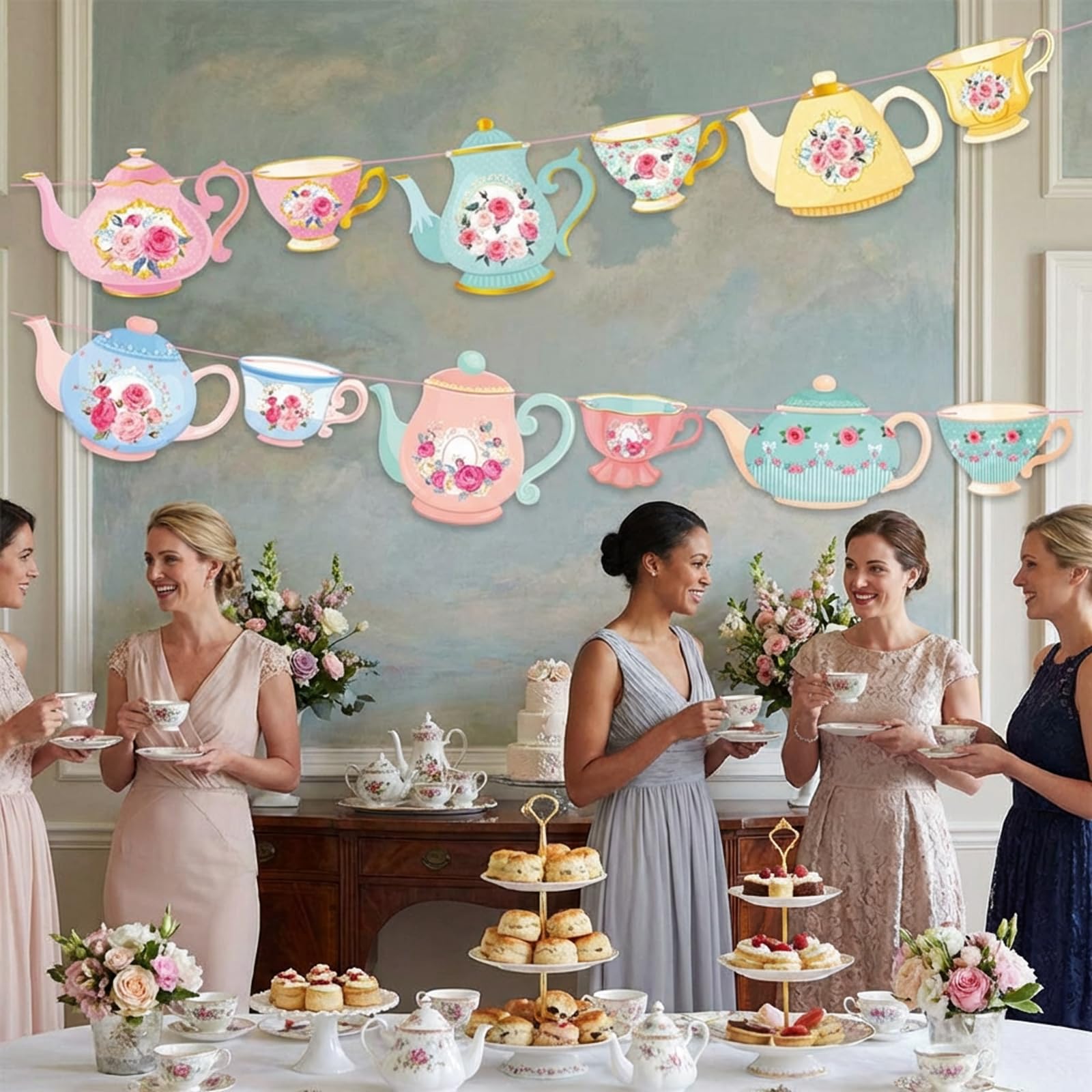 Vintage Tea Party Decorations Banner - Elegant Afternoon Tea Time Bunting with Floral Design for Adult Party, Bridal Shower & Home Decor (Pink & Mint Green) — view 2