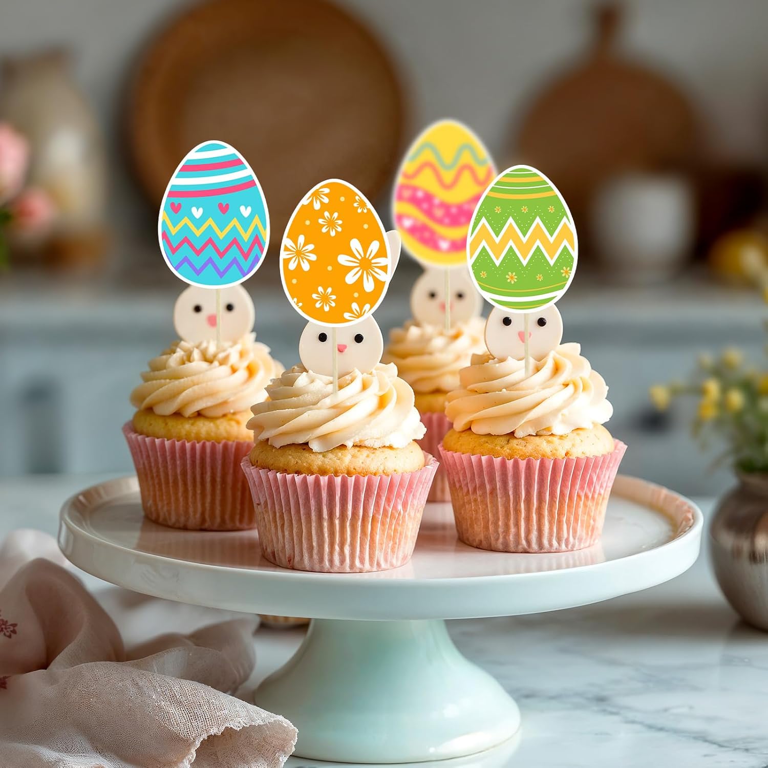36pcs Easter Cupcake Toppers, 12 Kinds Easter Cake Topper Decorations, Paper Colorful Easter Eggs Bunny Ears Cake Topper Decor, Single Sided Printing Spring Party Decoration