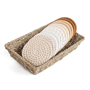12 Pcs Handmade Woven Coasters for Drinks, Absorbent and Insulating Cotton Coasters with Seagrass Basket Holder set, Boho Perfect for Coffee Table and Home Decor