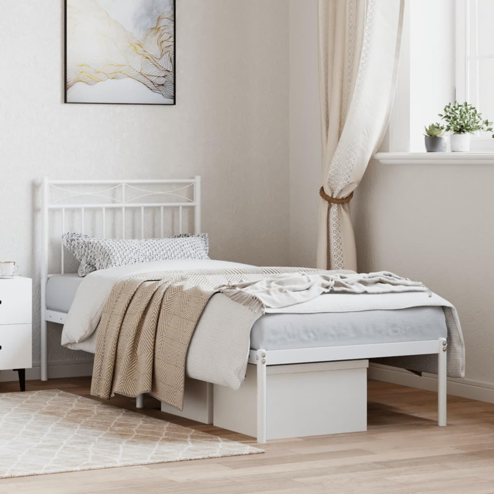 ATOMSTACK MAKER Cama de Metal sin Colchón, Con Cabecero Blanco, 75 x 190 cm, Estructura de Acero Pulverizado, Altura Libre 26 cm, Diseño Moderno y Robusto para Adultos, Fácil Montaje