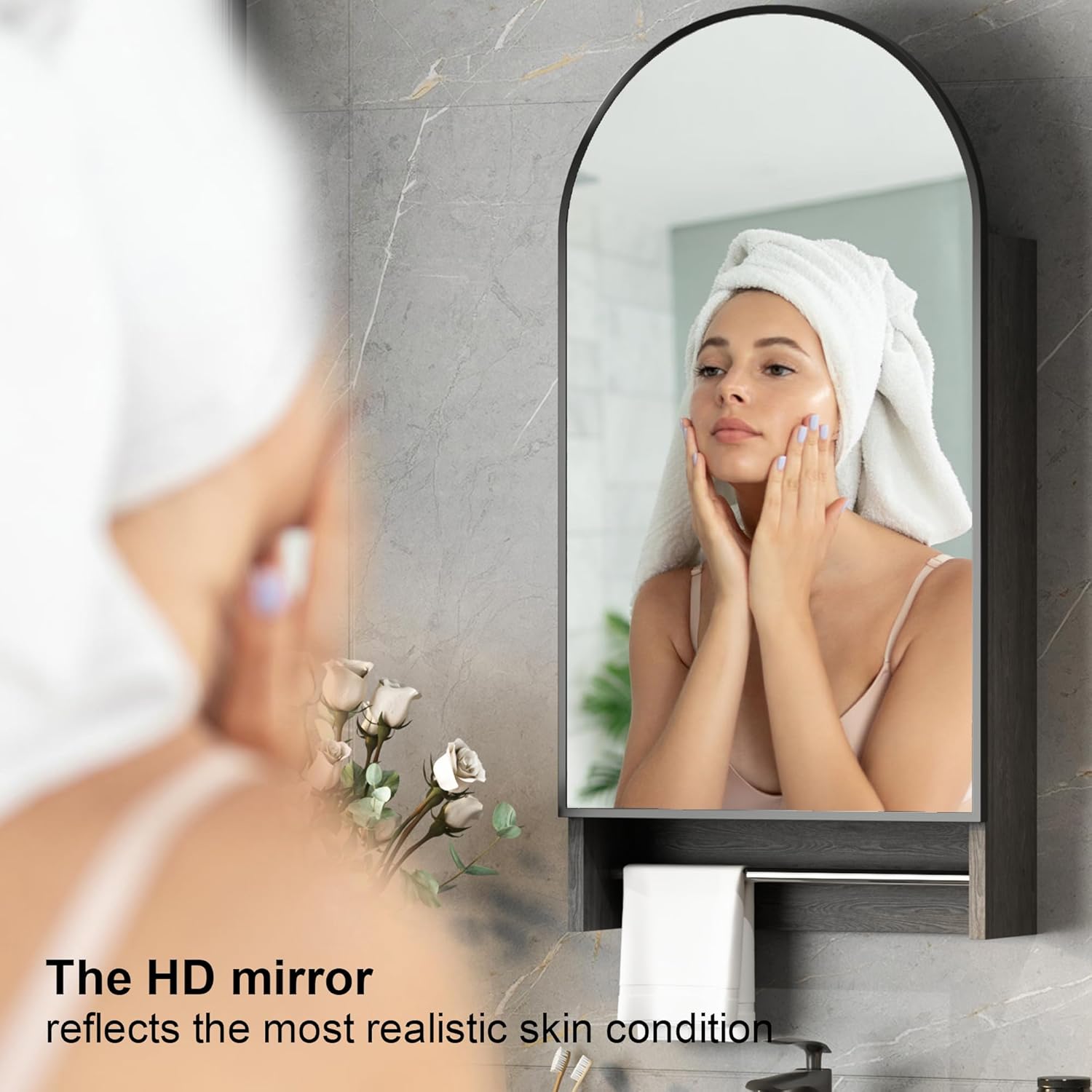 16x31 Arched Medicine Cabinet with Towel Rack,Black Bathroom Medicine Cabinet with Mirror,Mirrored Cabinets with Towels Bar ,Wall Mounted Only,Over Toilet Cabinet for Bathroom Laundry Kitchen