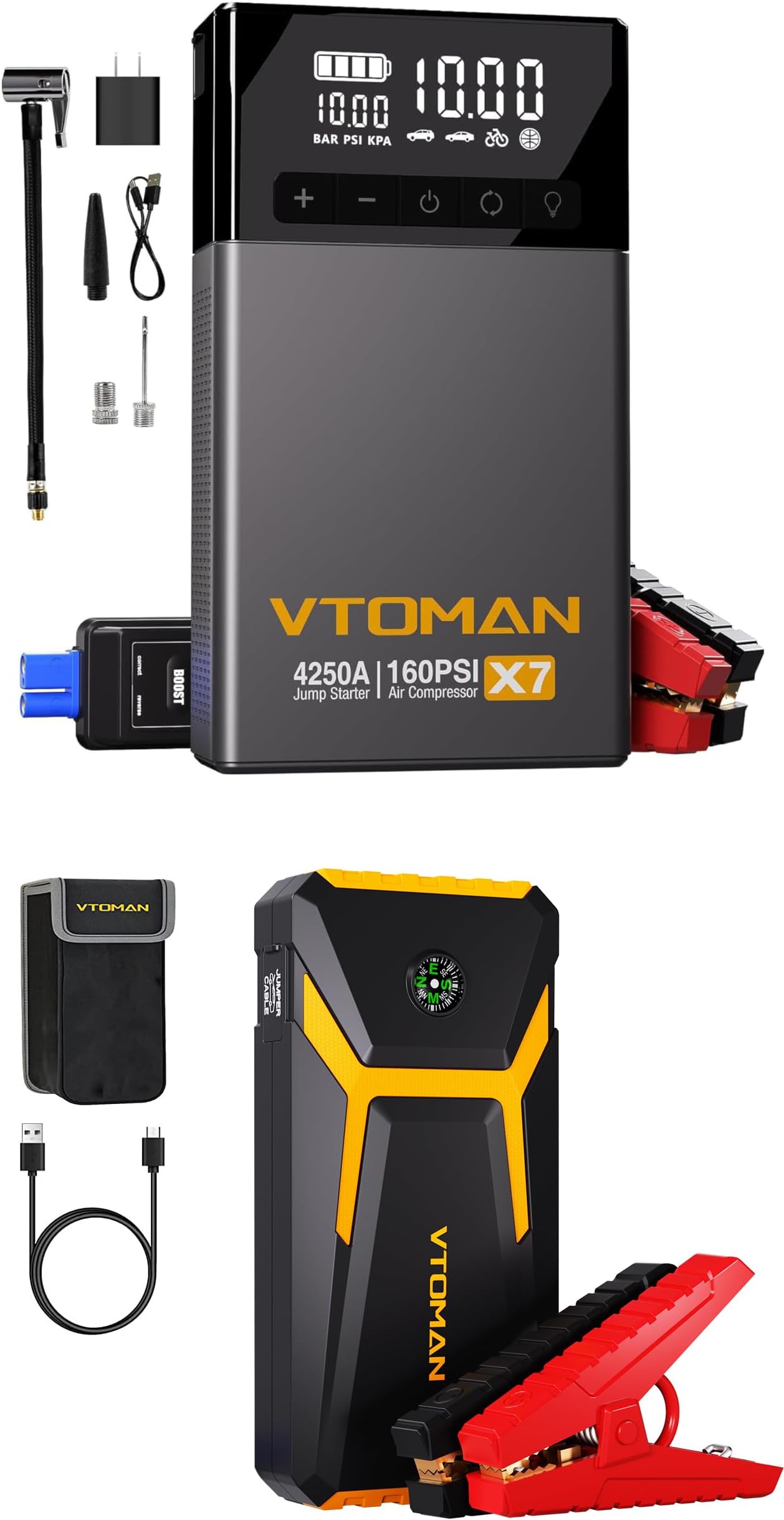 VTOMAN X7 Jump Starter with Air Compressor, 4250A Portable Car Starter with 160PSI Digital Tire Inflator,12V Lithium Battery Charger Booster Box with Type-C Quick Charge & sel Engine & V6 Pro