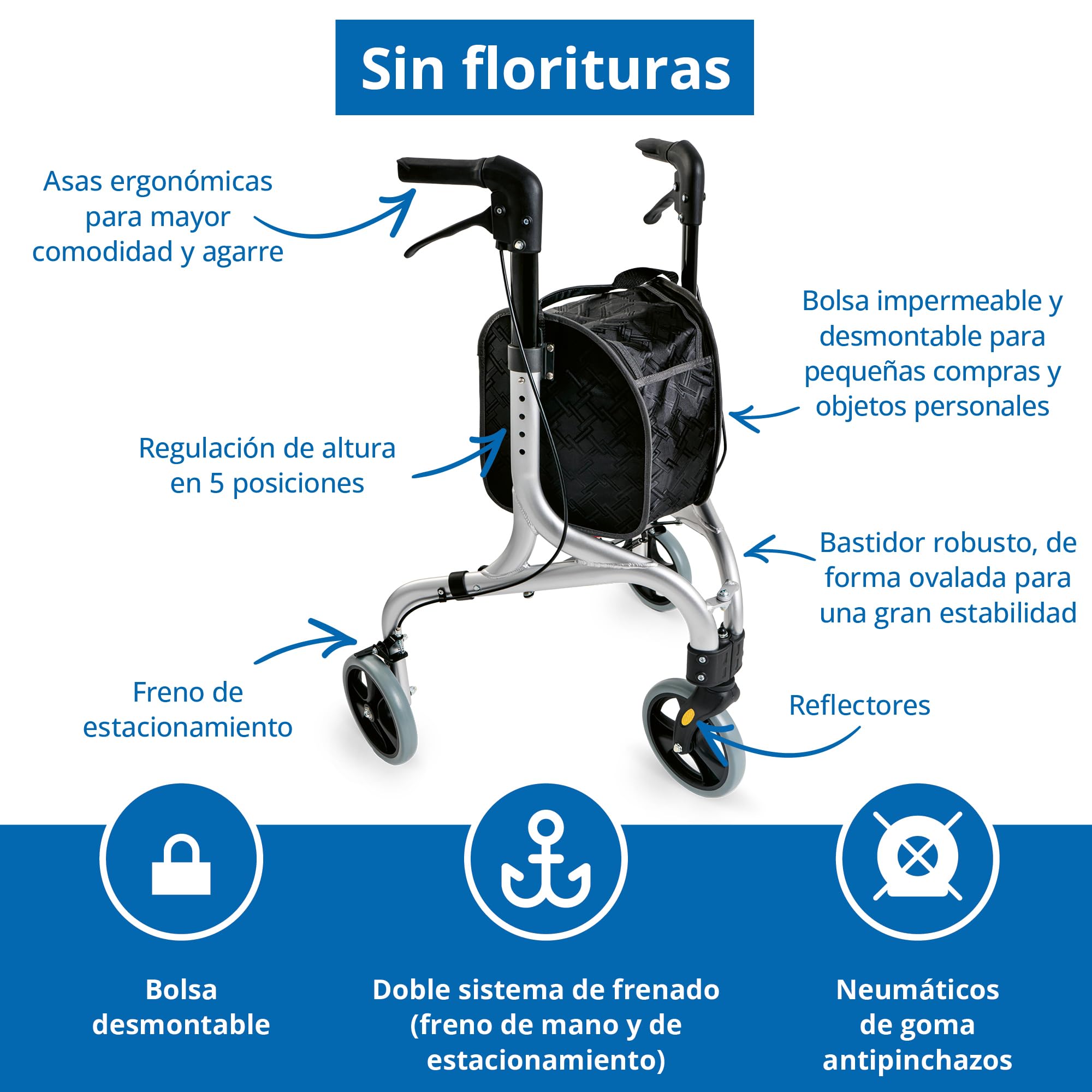 WEINBERGER faltbarer, klappbarer Aluminium Rollator mit 3 Rädern und Tasche, schmal, leicht und wendig, nur 4,2 kg, Farbe: Silber-Schwarz, Modell: 02217