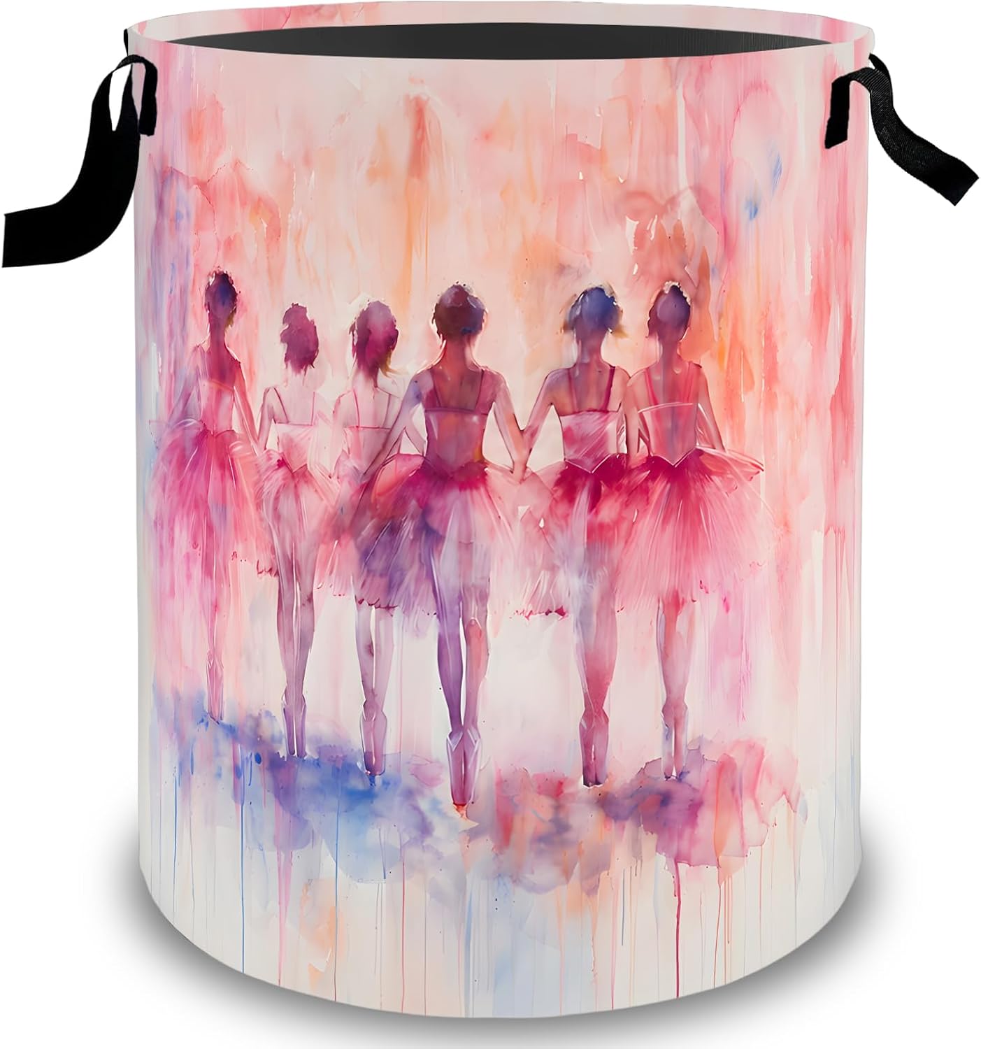 Ballet Dancer Laundry Basket Hamper, Organizer Bins Gifts for Women Kids, Pink Watercolor Art Foldable Waterproof Clothes Hamper Handles Storage Bucket for Bedroom Bathroom Room Decor 19.7"x15.7"