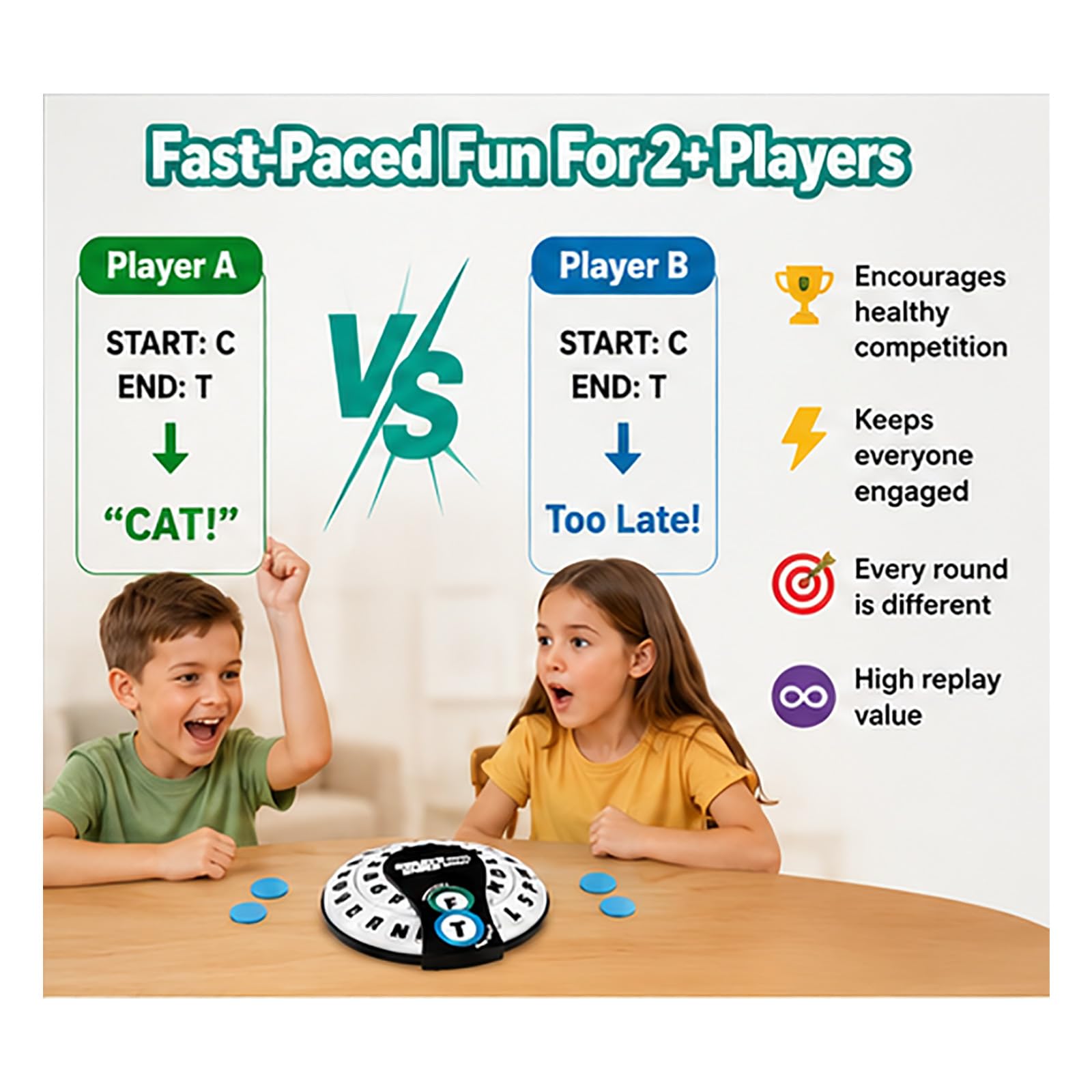 Comienza con Termina con Juego de Palabras, Juego de Palabras Spin & Shout, Juegos de Mesa La Familia de Ritmo rápido, Elige una categoría y Corre contra el cronómetro (3pcs)