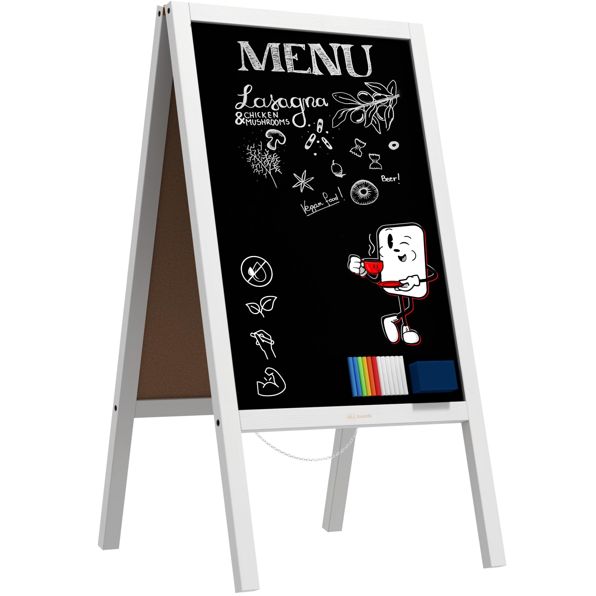 ALLboards Pizarra Caballete Con Marco De Madera Barnizado Blanco 118x61cm, Pizarra De Tiza De Acera Para Anuncios