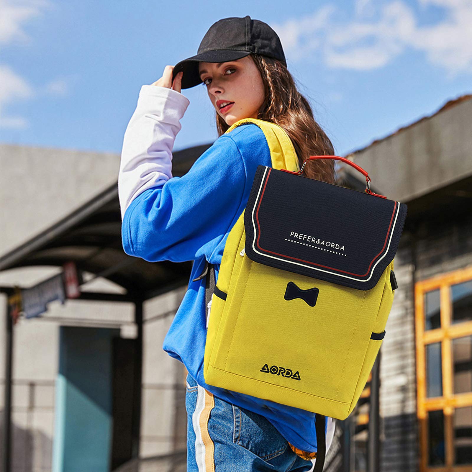 FANDARE Donna Zaino Casual Borsa da Scuola con Caricatore USB Ragazze Borsa da Scuola per 15.6 inch Laptop Backpack Scuola Viaggio Shopping Tessuto Oxford Impermeabile Zaini Giallo