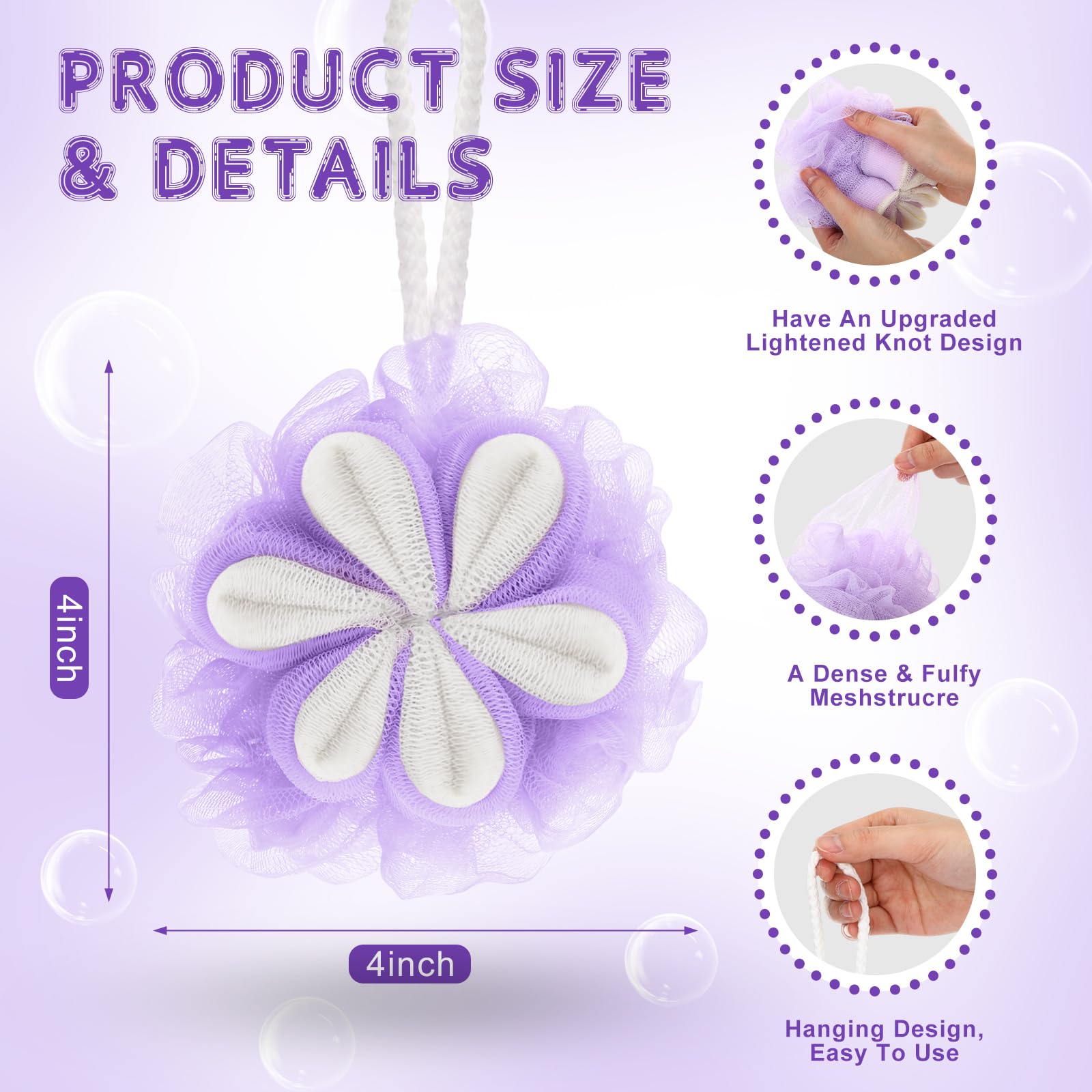 FuWeave 6 esponjas exfoliantes de lufa morada, 50 g, forma de flor, para ducha, esponjas, esponjas de ducha, esponjas de malla, esponja de lavado corporal para mujeres, regalos de baño, regalos de spa